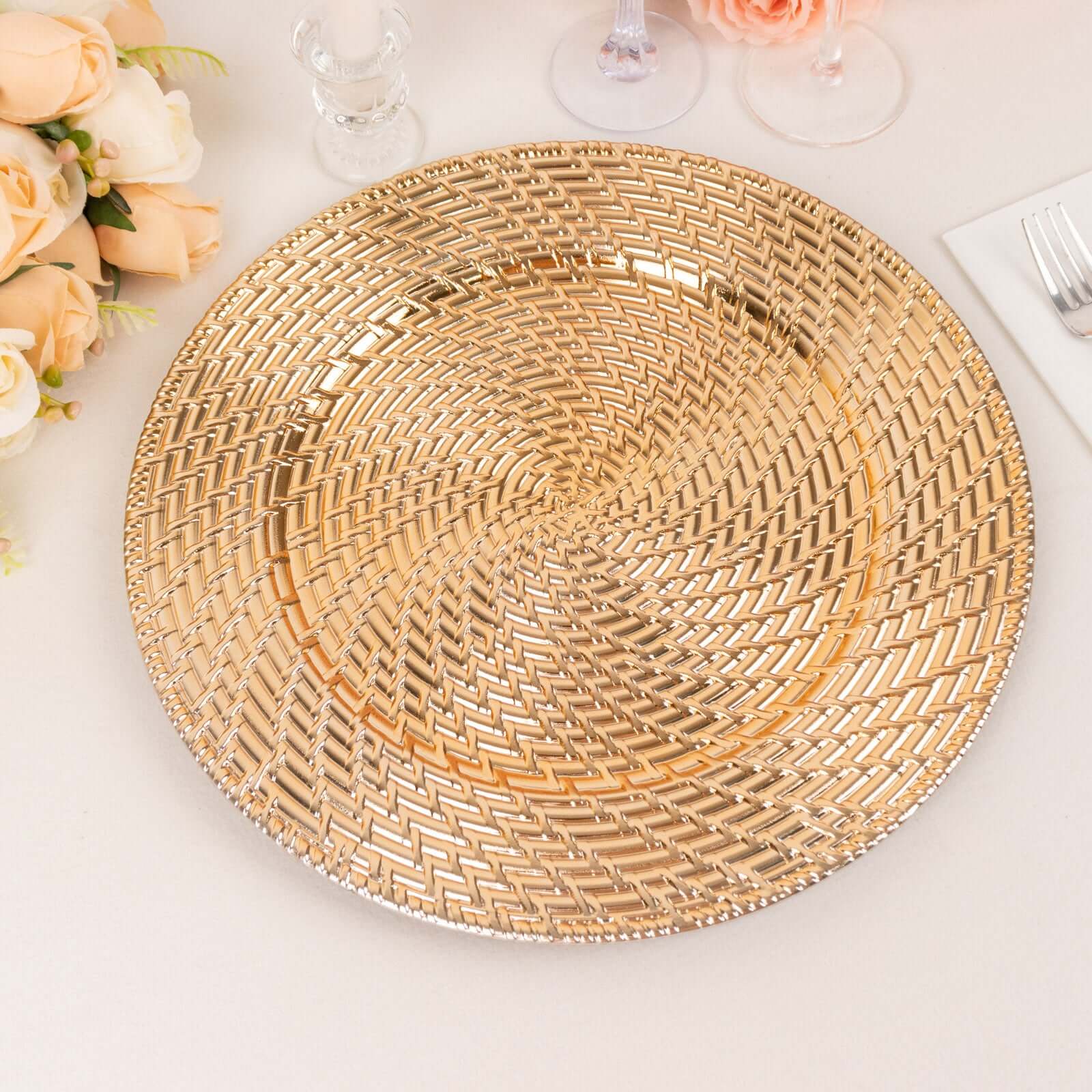 6-Pack Acrylic Round Charger Plates 13 in Metallic Gold with Swirl Rattan Pattern, Farmhouse Plastic Charger Tableware