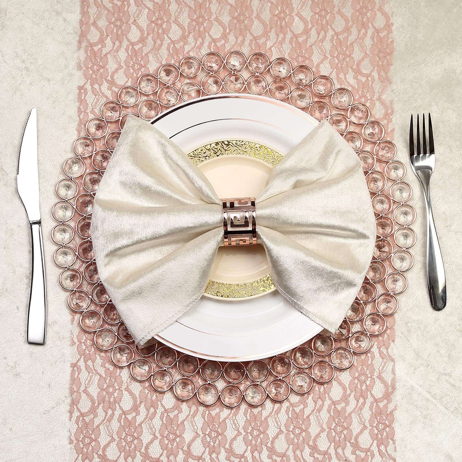 Wired Metal Round Charger Plate 14 in Rose Gold with Acrylic Crystal Beads, Glamorous Decorative Dinner Charger Tableware