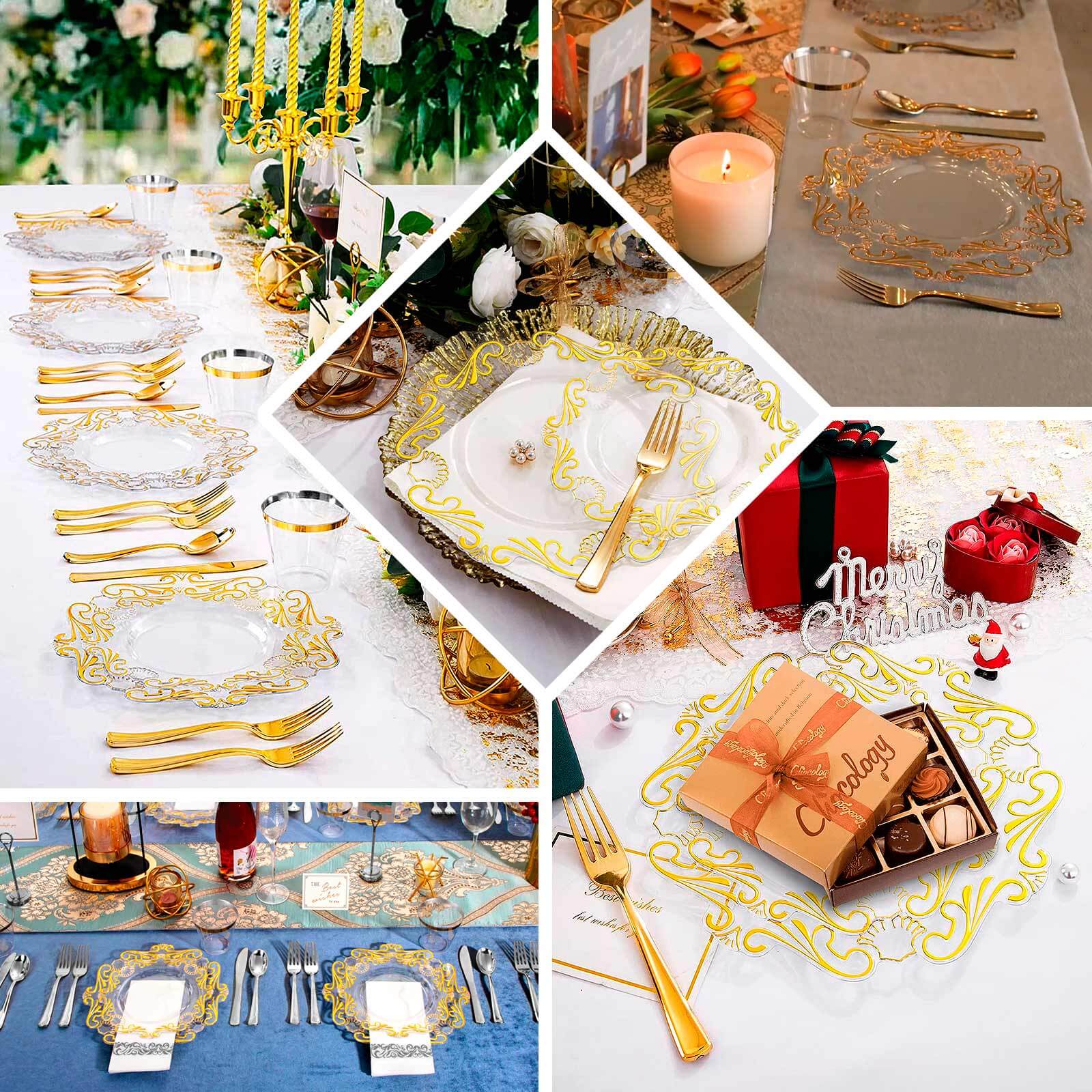 10-Pack Plastic 10 Round Dinner Plates in Clear with Gold Vintage Baroque Scalloped Rim - European Style Disposable Party Plates