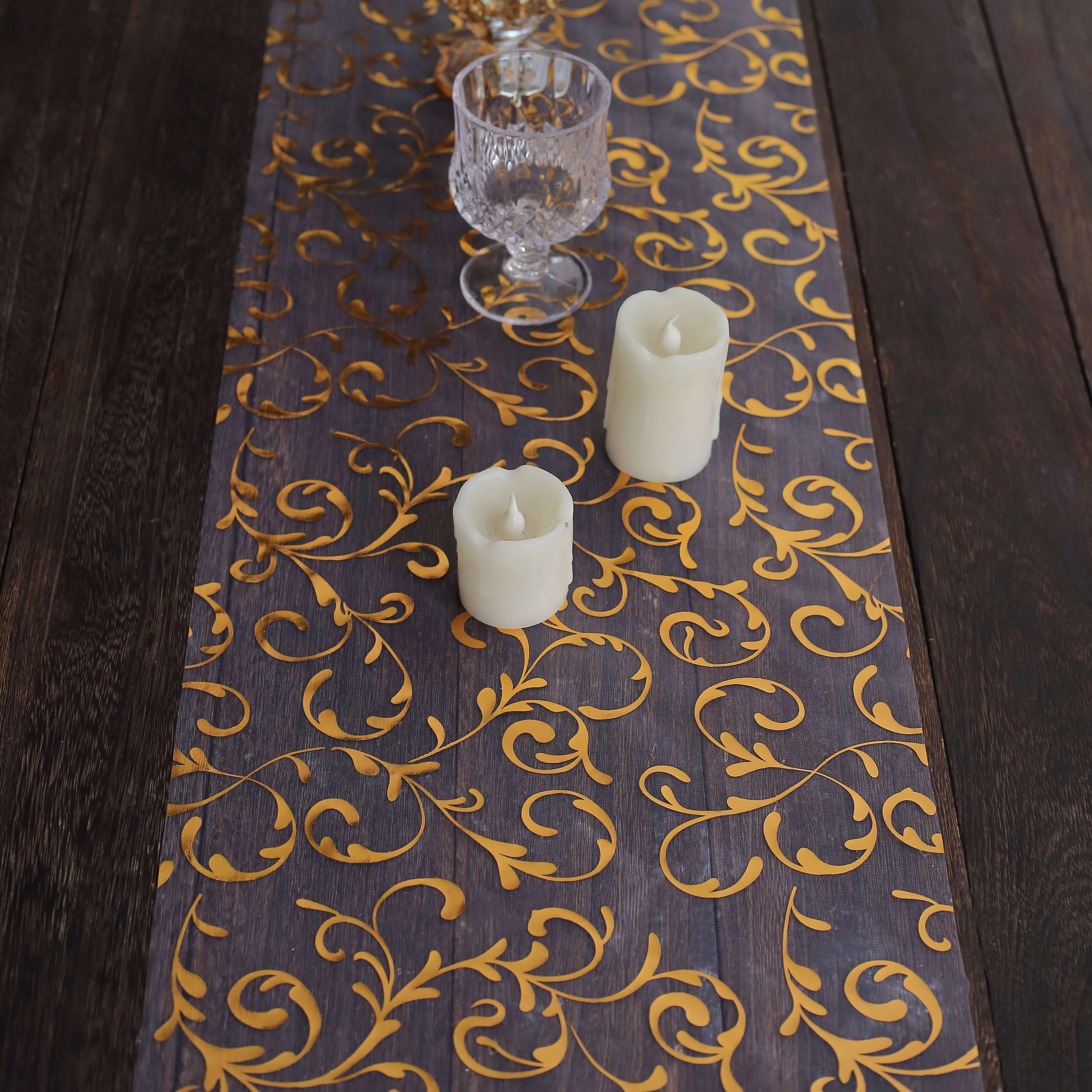 Sheer Organza 12x108 Table Runner Roll Metallic Gold Foil Embossed Floral Design - Stylish Event Decoration