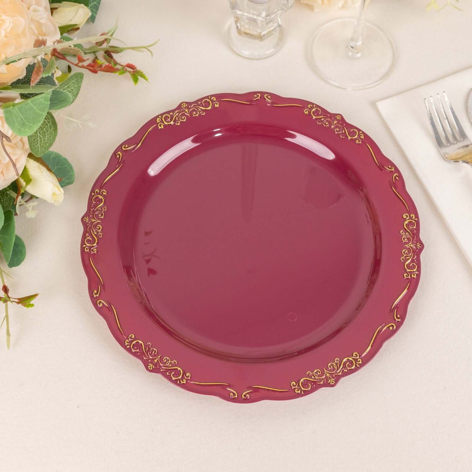 10-Pack Plastic 10 Round Dinner Plates in Burgundy with Gold Vintage Embossed Rim - Sturdy Disposable Scalloped Edge Party Plates for Sophisticated Events & Celebrations