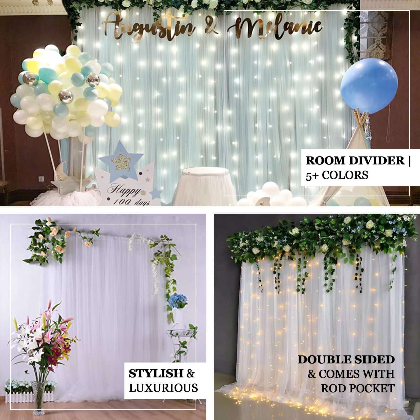 5ftx10ft Light Blue Dual Sided Sheer Tulle Event Curtain Drapes With Satin Header, Rod Ready Backdrop Event Panel