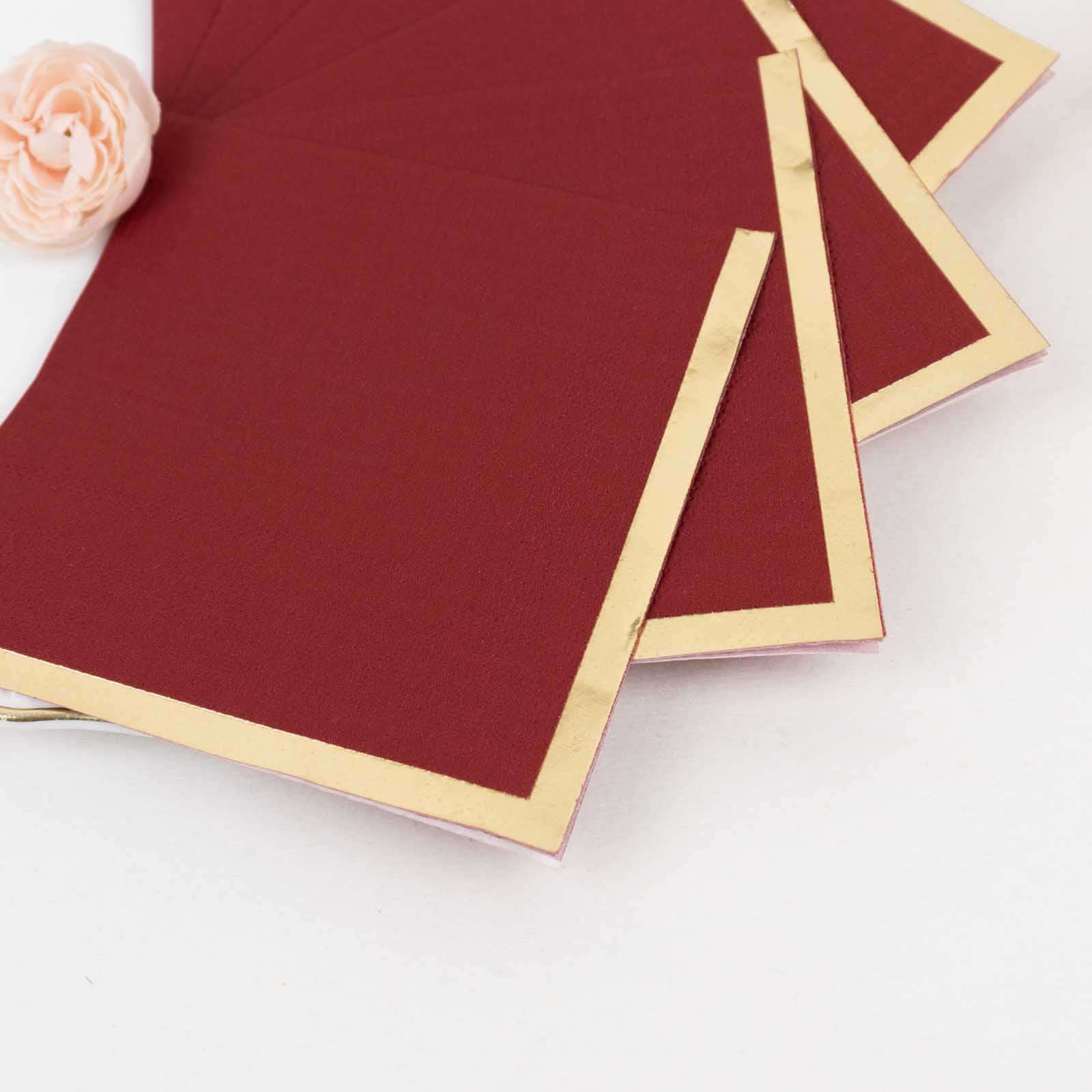 50-Pack Paper Beverage Napkins Burgundy with Gold Foil Edge - 2 Ply Disposable Soft 18GSM Cocktail Napkins 5x5