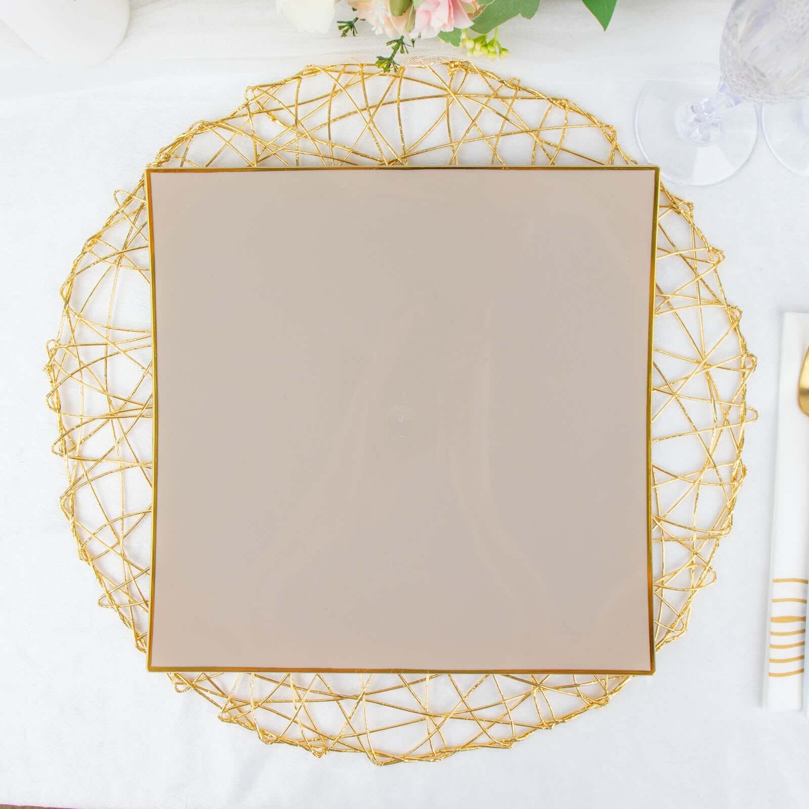 10-Pack Plastic 10 Square Dinner Plates in Taupe Concave Style with Gold Rim - Modern Disposable Party Plates