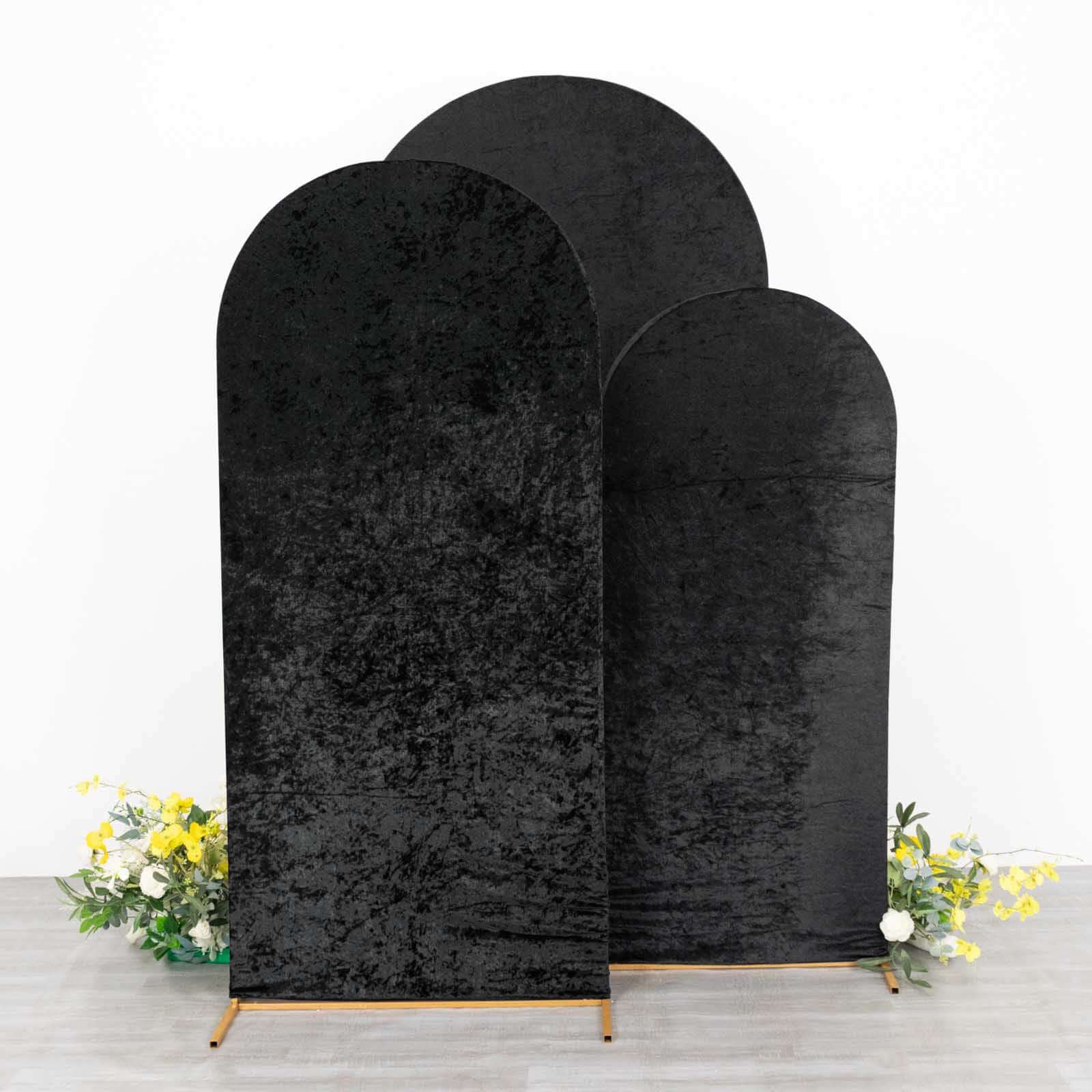 Set of 3 Black Crushed Velvet Chiara Backdrop Stand Covers For Round Top Wedding Arches - 5ft, 6ft, 7ft