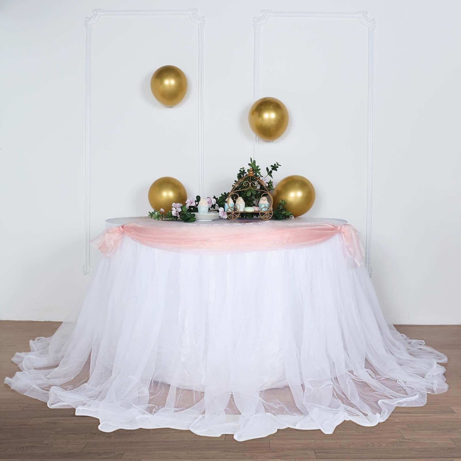 Extra Long Tulle 17ft Table Skirt White with Satin Edge - Table Cover for Baby Showers & Events