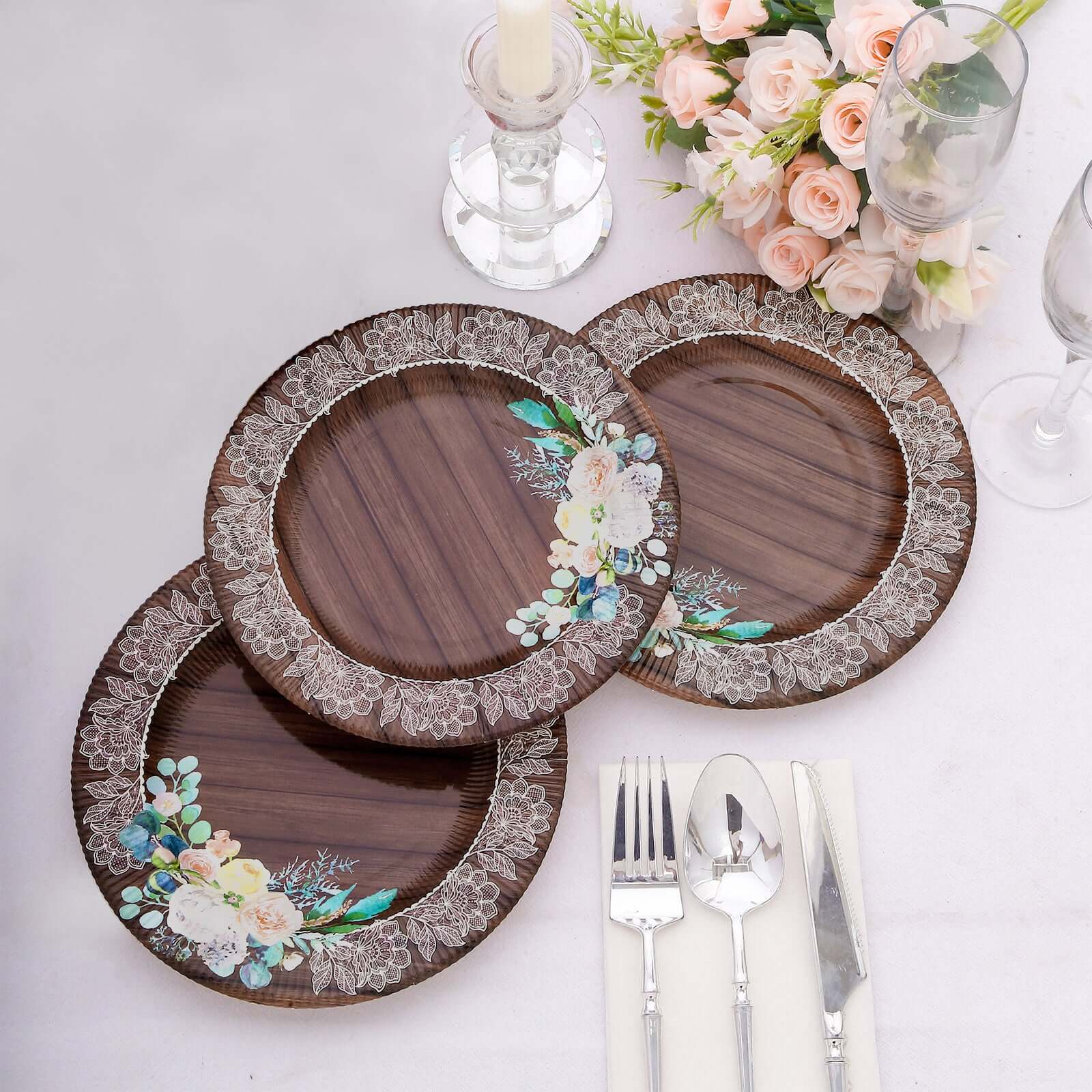 25-Pack Disposable Round Charger Plates in Brown Rustic Wood Print with Floral Lace Rim - Durable Paper Chargers for Rustic Themes & Outdoor Events 13