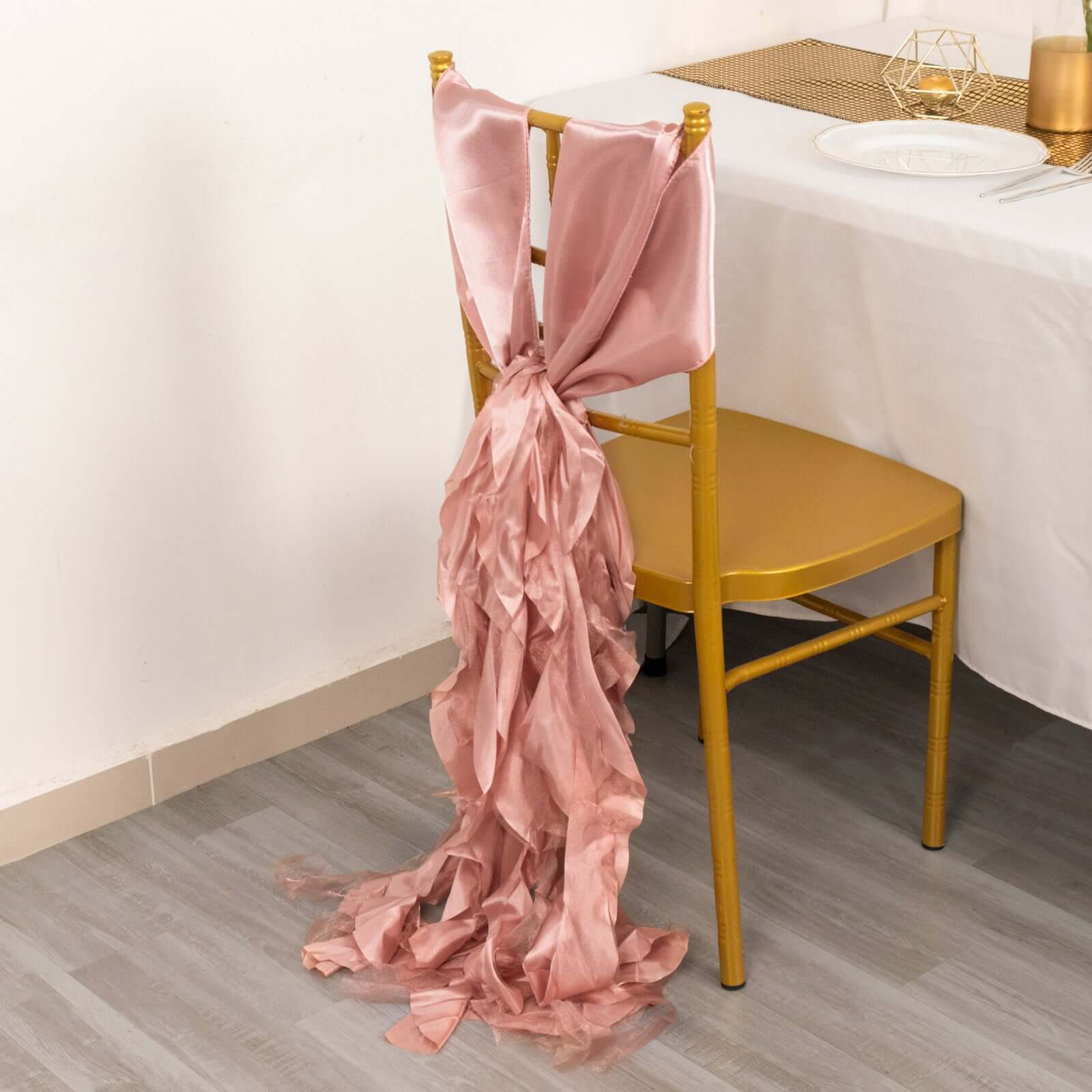 5 Pack Chiffon Satin Chair Sashes Mauve - Easy to Install Ruffled Curly Willow