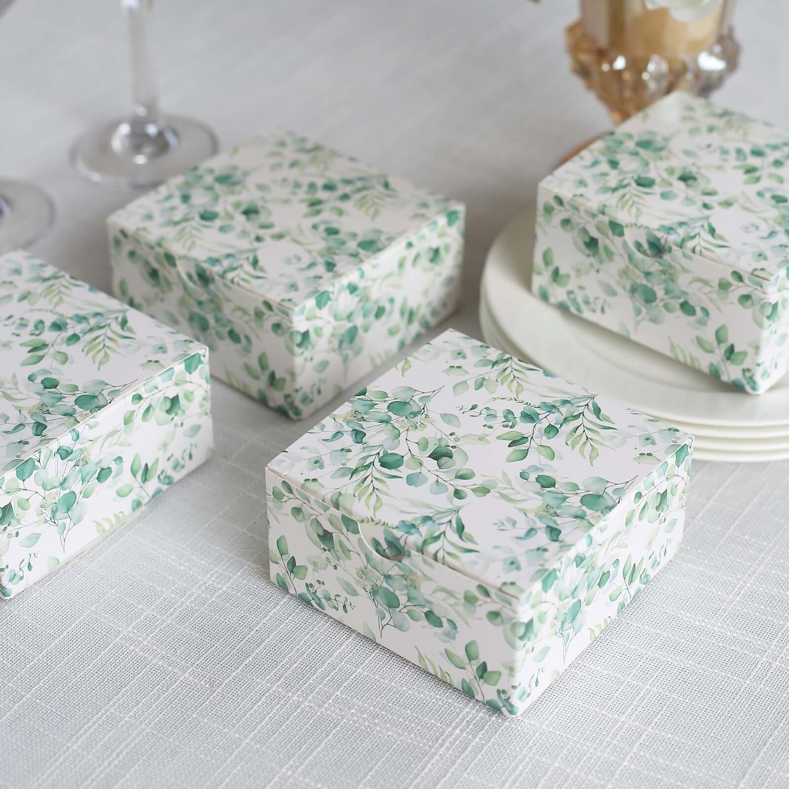 25 Pack White Green Eucalyptus Leaves Print Paper Favor Boxes, Cardstock Party Shower Candy Gift Boxes - 4x4x2