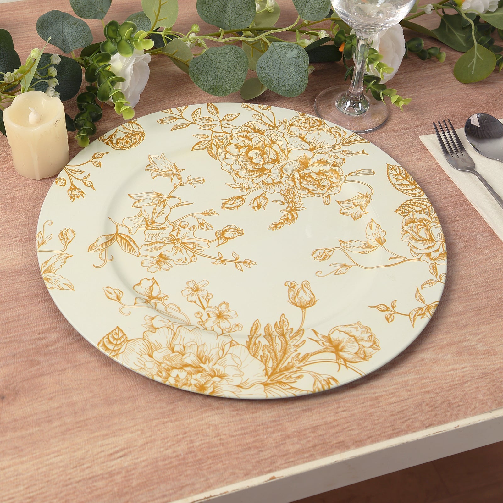 6-Pack Acrylic Round Charger Plates 13 in White with Gold Floral French Toile Pattern, Decorative Dinner Party Charger Tableware