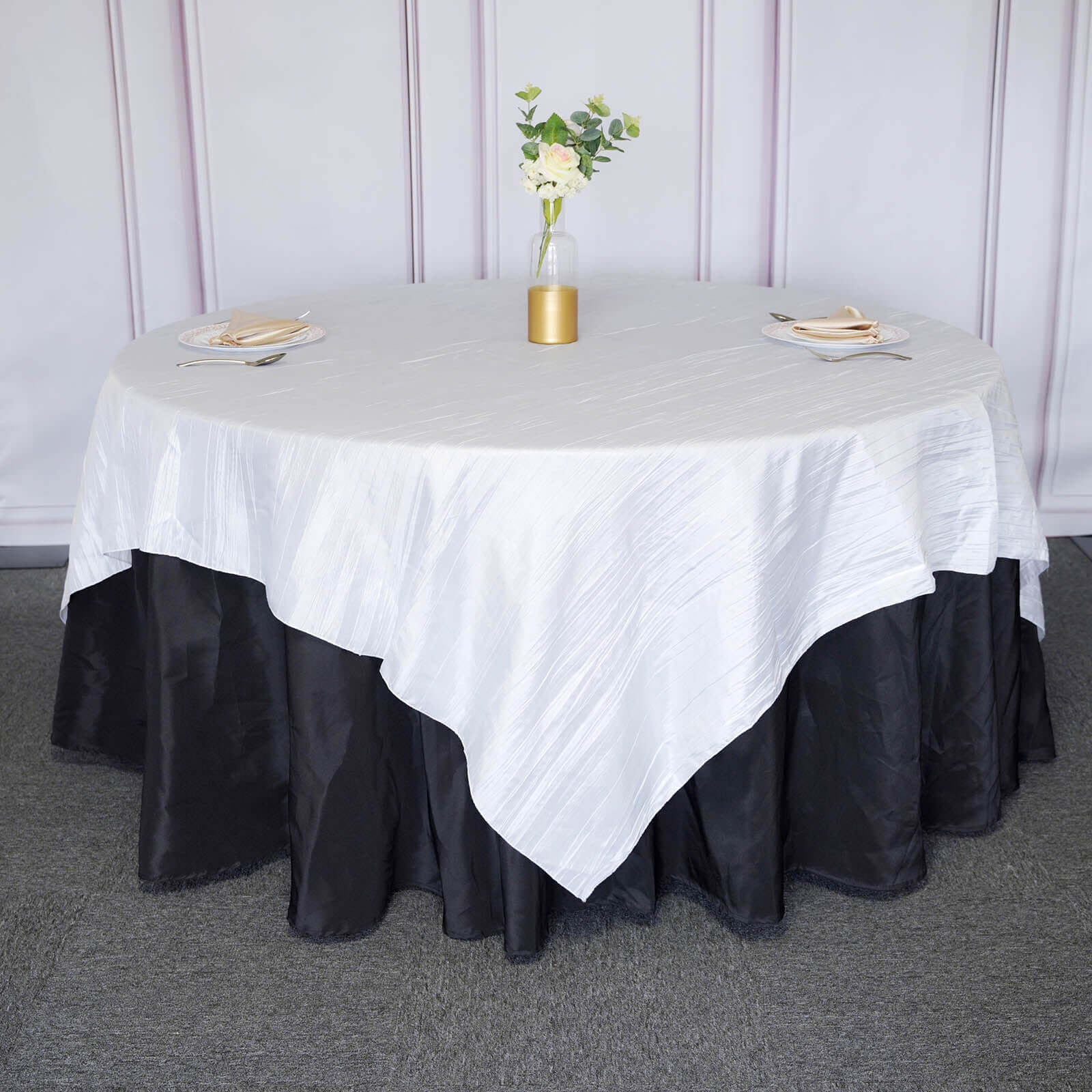 Taffeta 90x90 Table Overlay Square Tablecloth White - Accordion Crinkle Design for Modern Celebrations