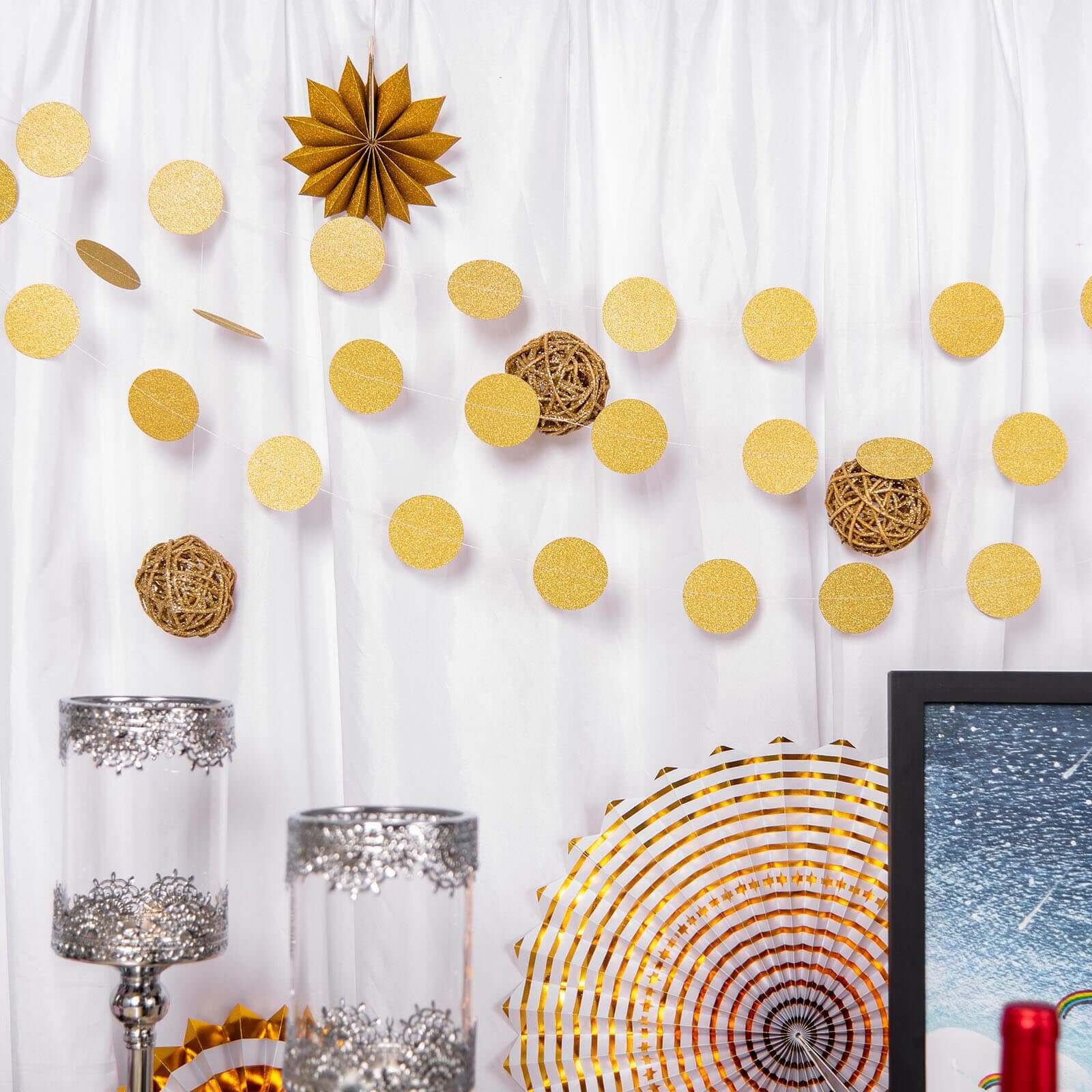 3 Pack 7.5ft Gold Circle Dot Party Paper Garland Banner, Hanging Backdrop Streamer