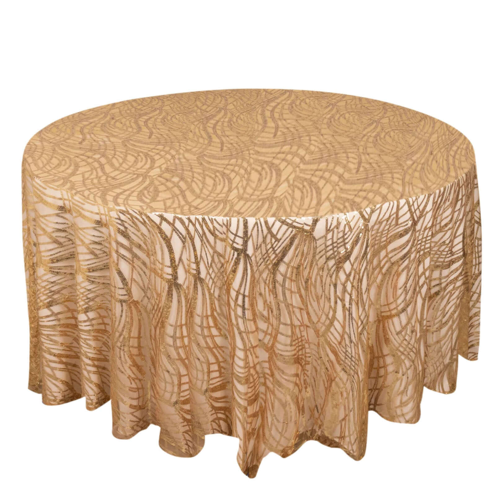 Sequin Mesh 120 Round Tablecloth Gold - Seamless Wave Embroidered Design for Stylish Events