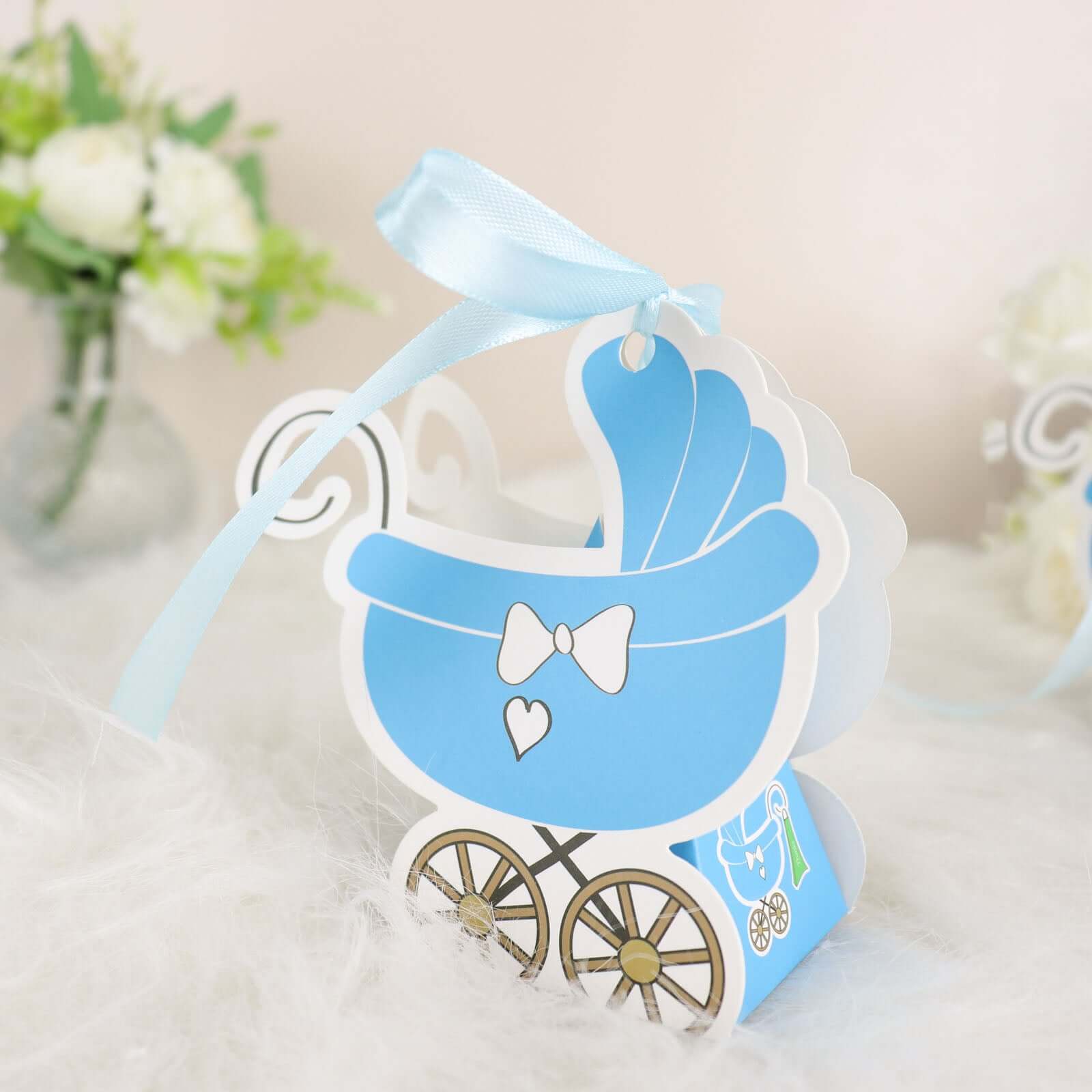 25 Pack Light Blue Baby Paper Stroller Party Favor Gift Boxes, Cardstock Carriage Candy Boxes with Ribbon Ties - 4.5x2x4