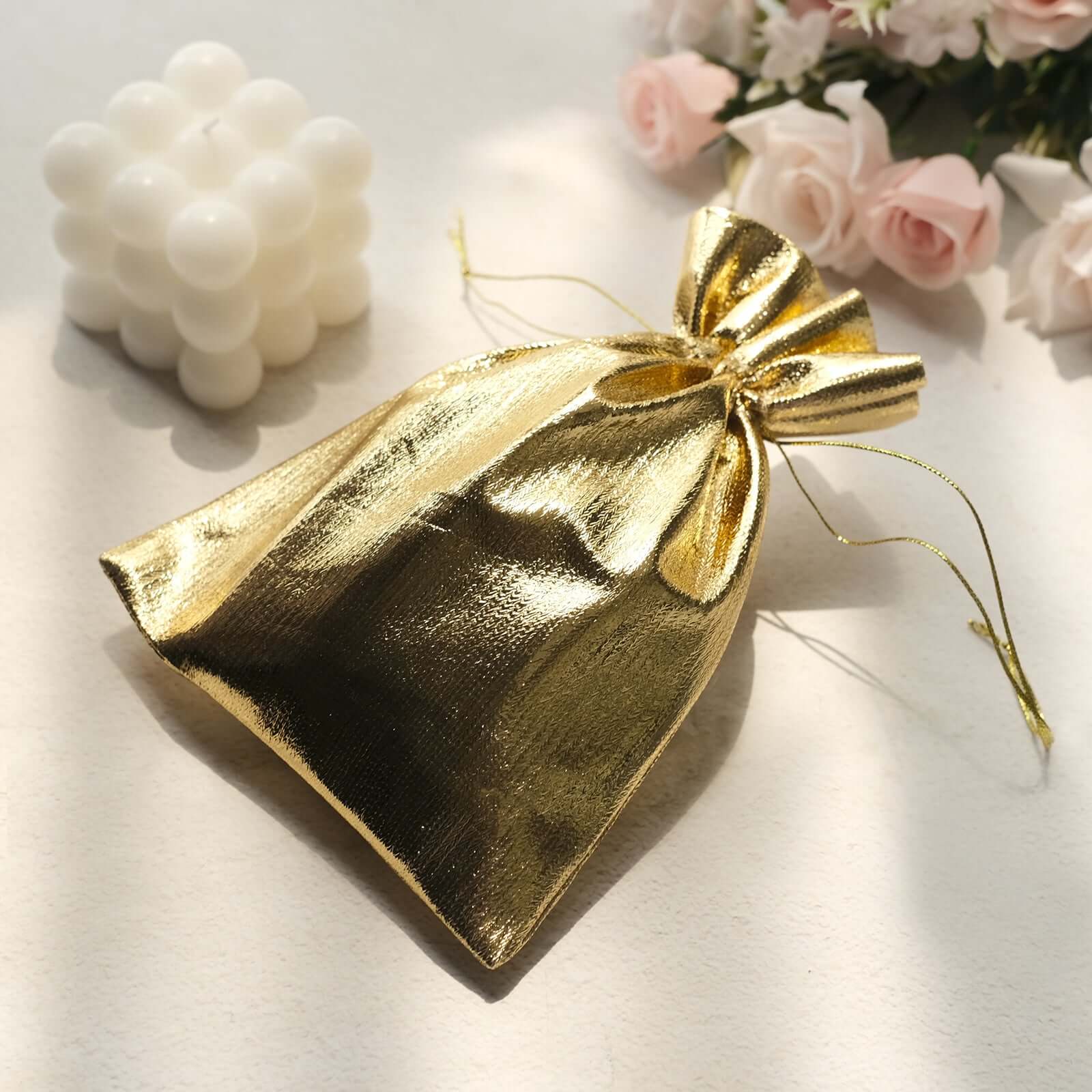 10 Pack Metallic Gold Lame Polyester 5x7 Party Favor Gift Bags, Shiny Fabric Drawstring Candy Pouch