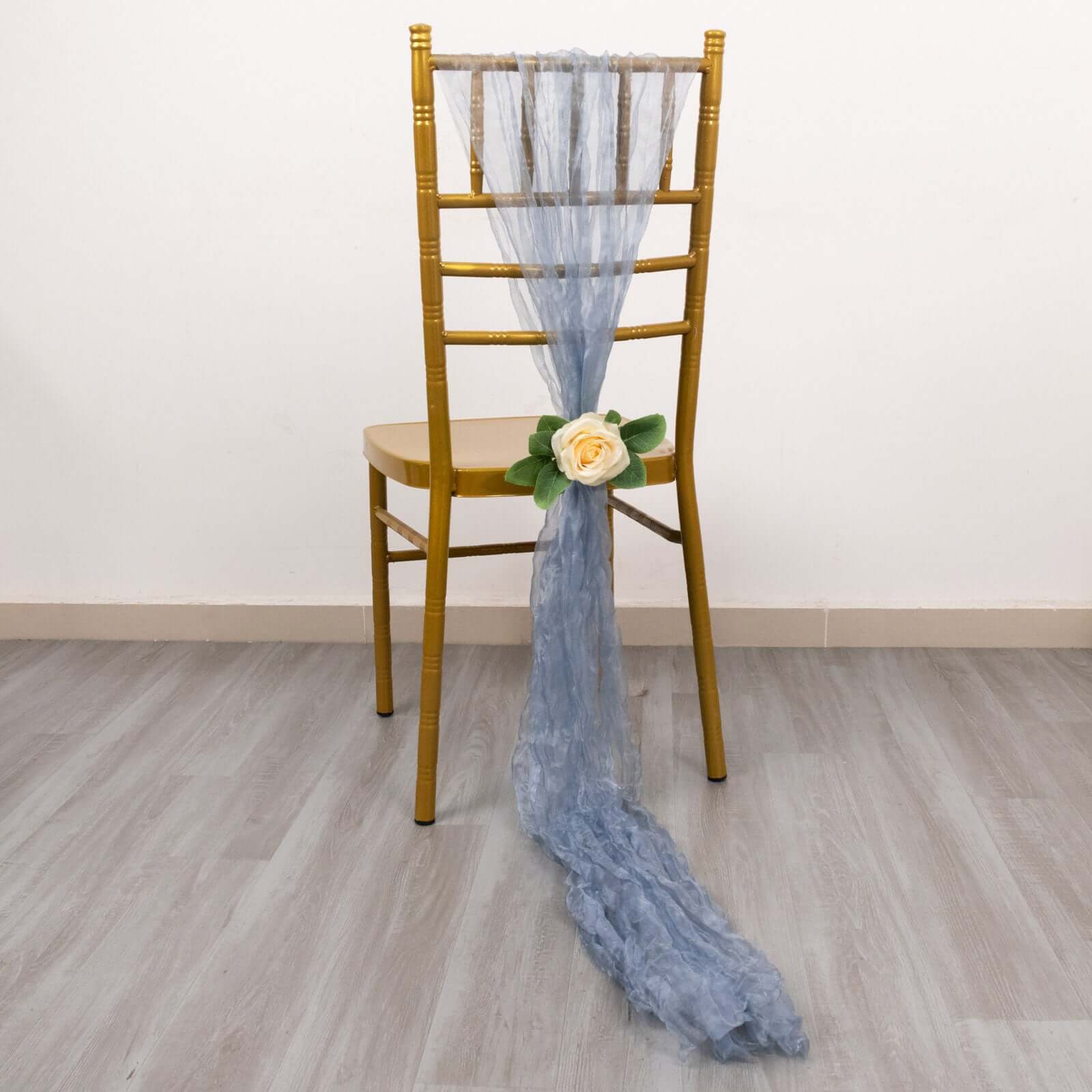 5 Pack Crinkled Organza Chair Sashes Dusty Blue with Shimmer Chiffon Layers - Stylish Sheer Decor