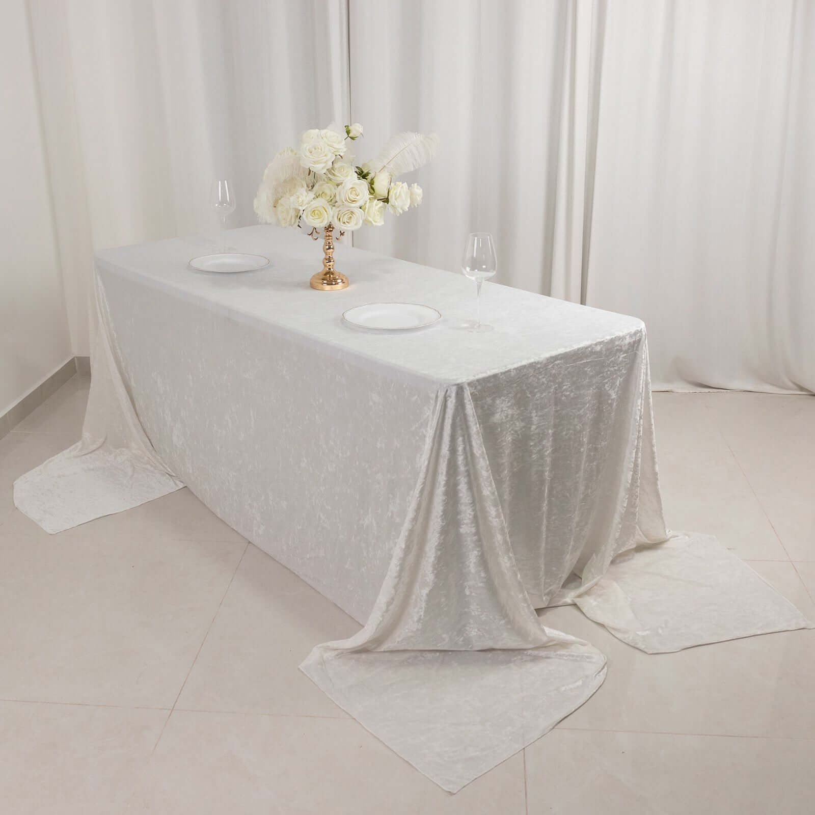 Premium Crushed Velvet 90x156 Rectangle Tablecloth White - Reusable Soft & Sophisticated Seamless Table Cover
