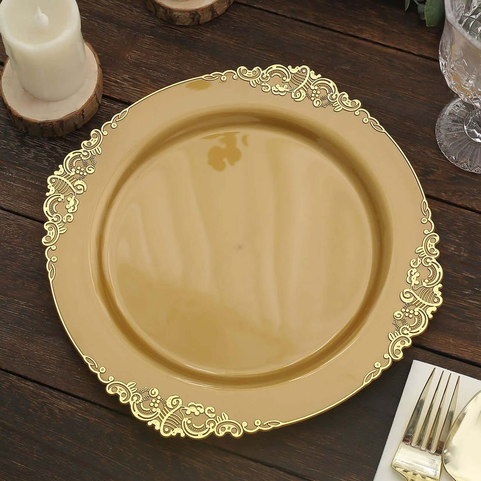 10-Pack Plastic 10 Round Dinner Plates in Gold with Leaf Embossed Rim - Disposable Vintage Baroque Style Plates for Luxurious Gatherings & Events