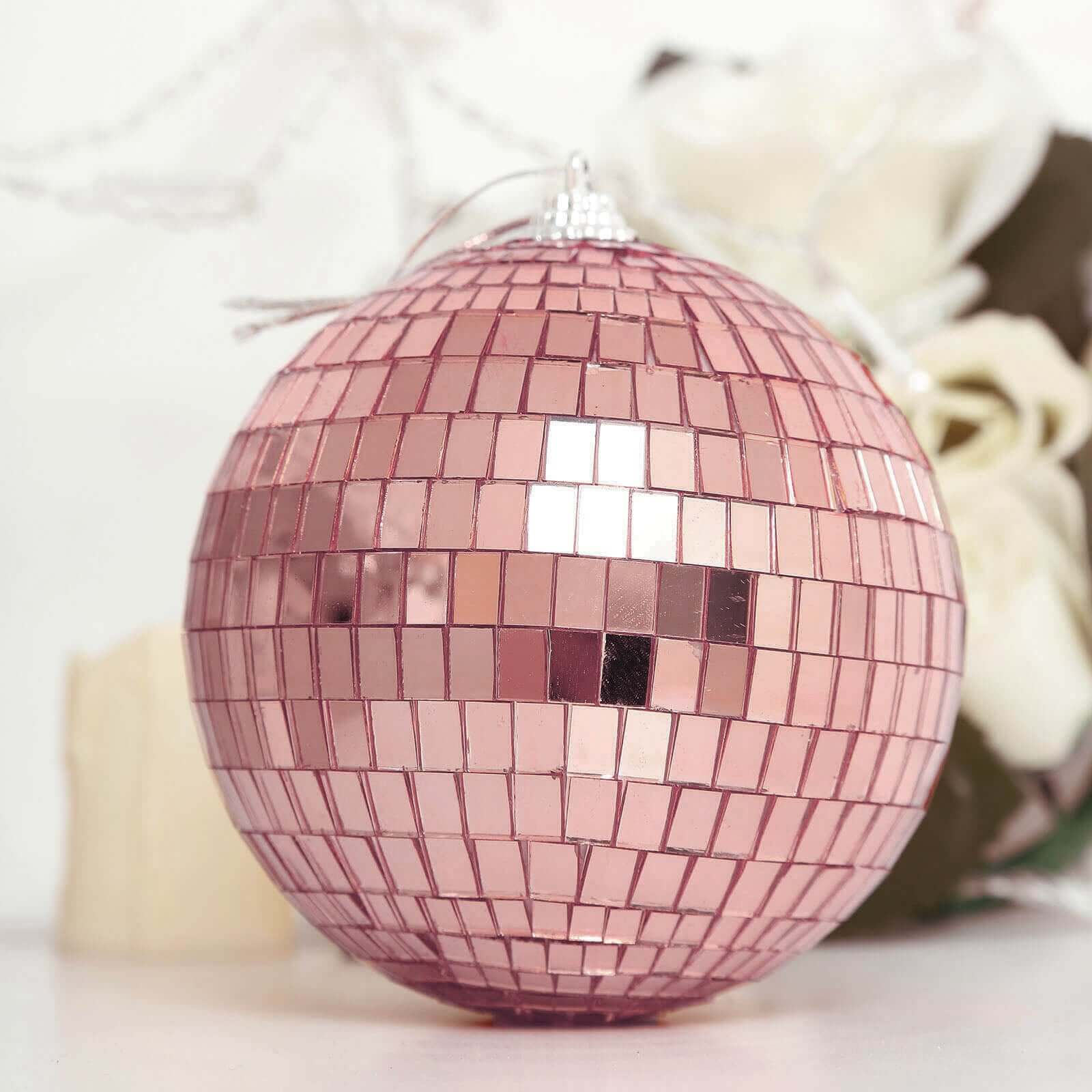 4 Pack 4 Rose Gold Foam Disco Mirror Ball With Hanging Strings, Holiday Christmas Ornaments