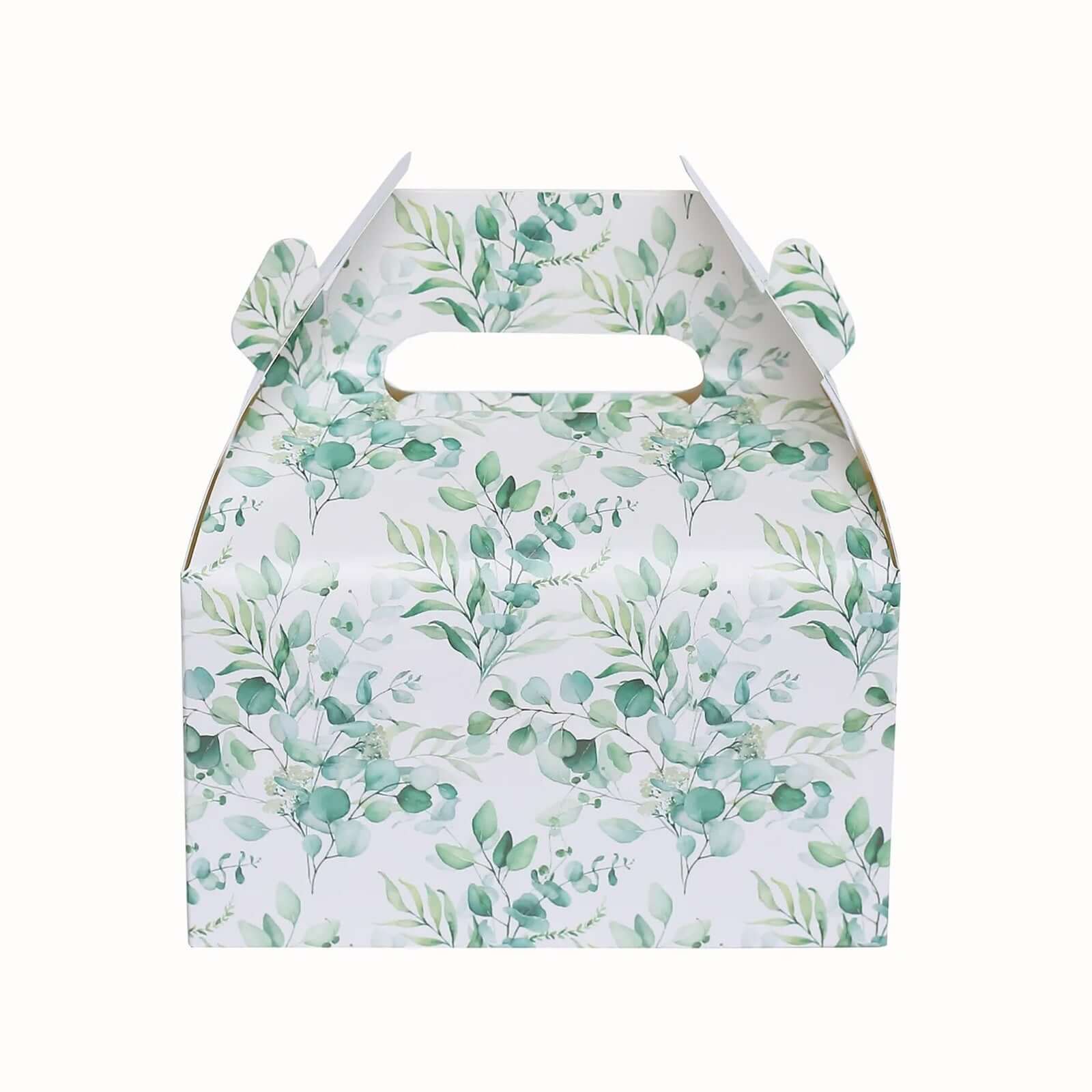 25 Pack White Green Candy Gift Tote Gable Boxes with Eucalyptus Leaves Print, Party Favor Treat Boxes - 6x3.5x7