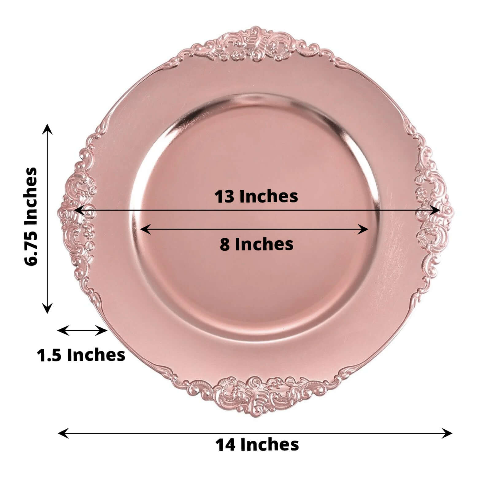 6-Pack Acrylic Round Charger Plates 13 in Rose Gold with Embossed Baroque Rim, Antique Decorative Dinner Party Charger Tableware