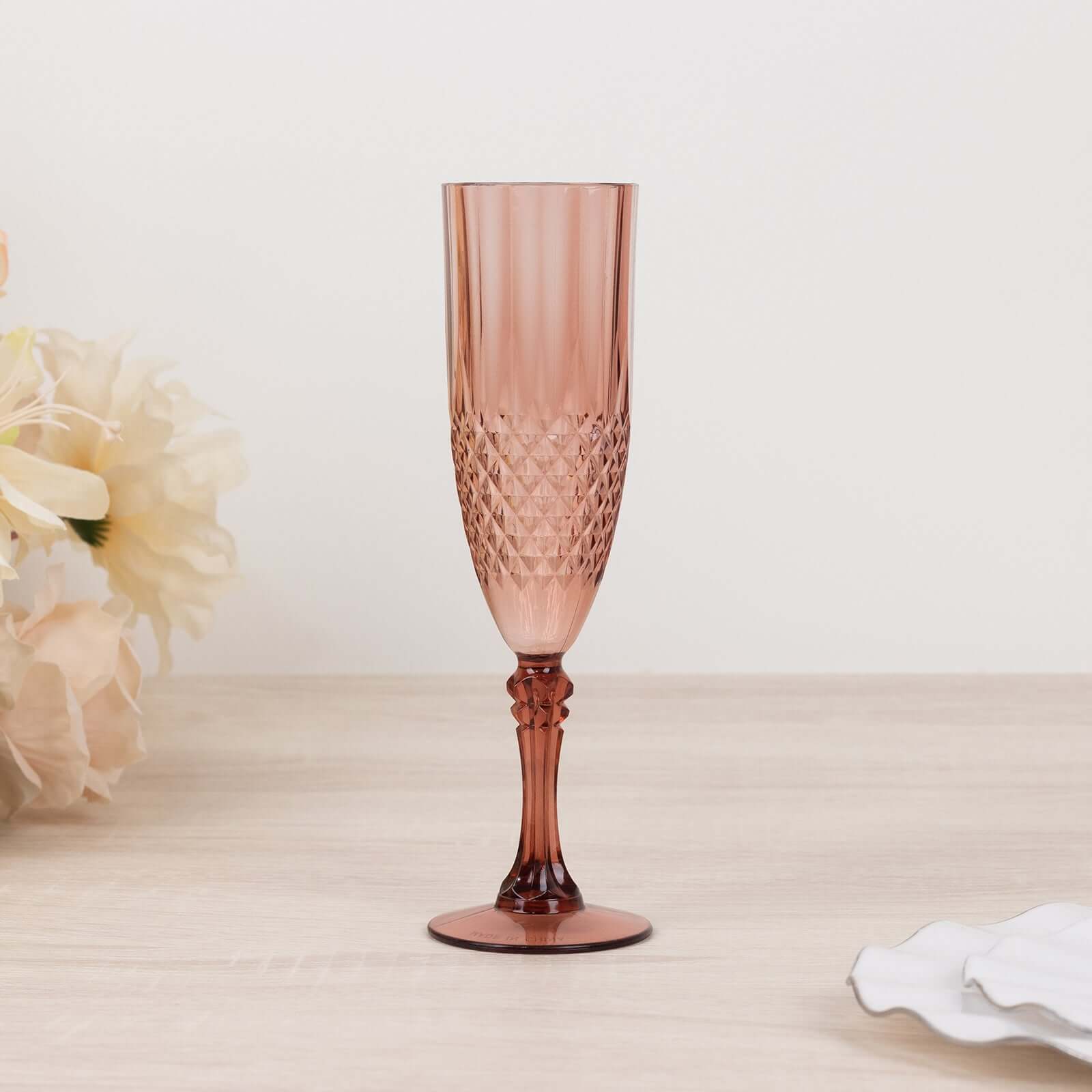 6-Pack Plastic Wedding Toast Flutes Dusty Rose Transparent Crystal Cut Style - Reusable Champagne Glasses 8oz