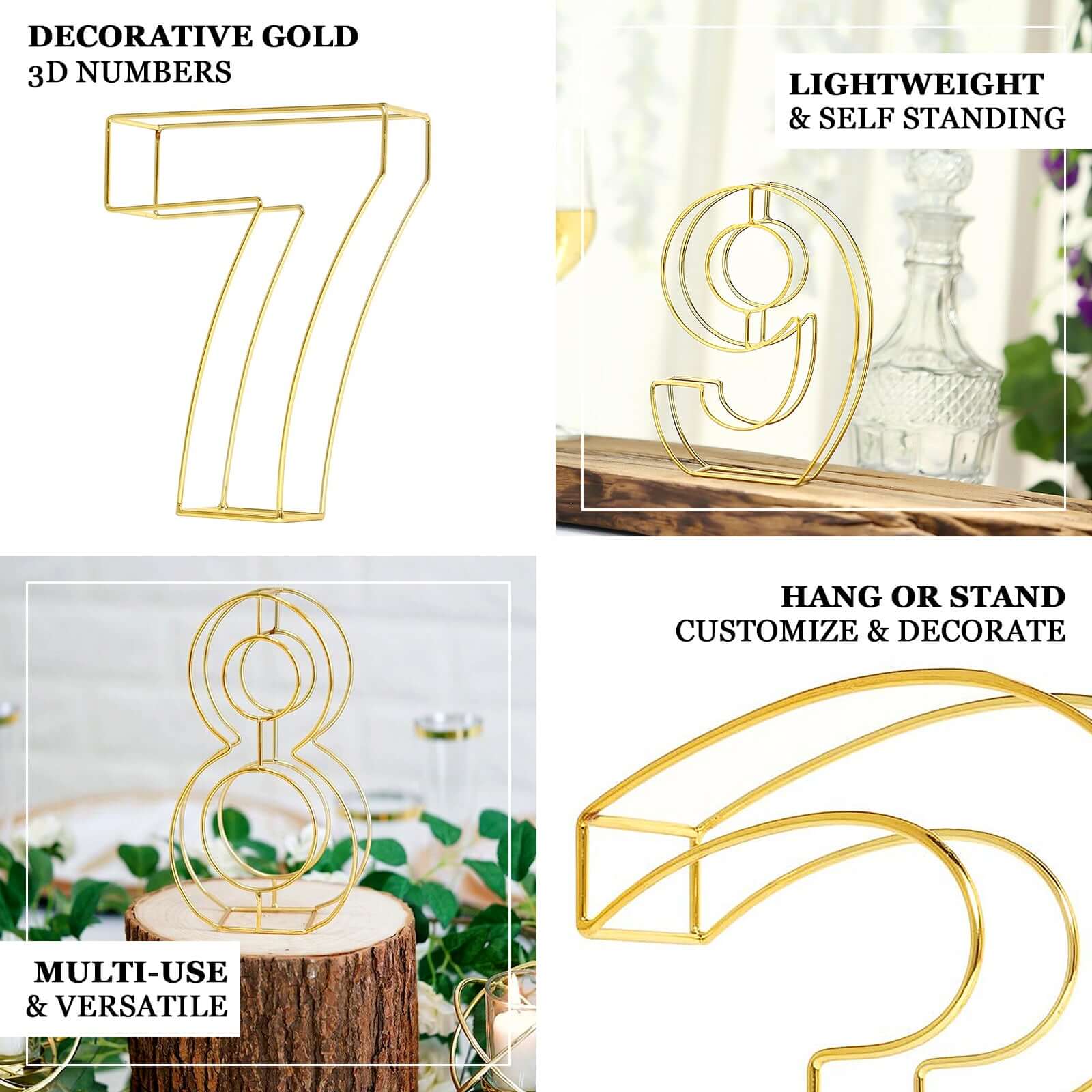 8 Tall Gold Freestanding 3D Decorative Metal Wire Numbers, Wedding Table Numbers -8