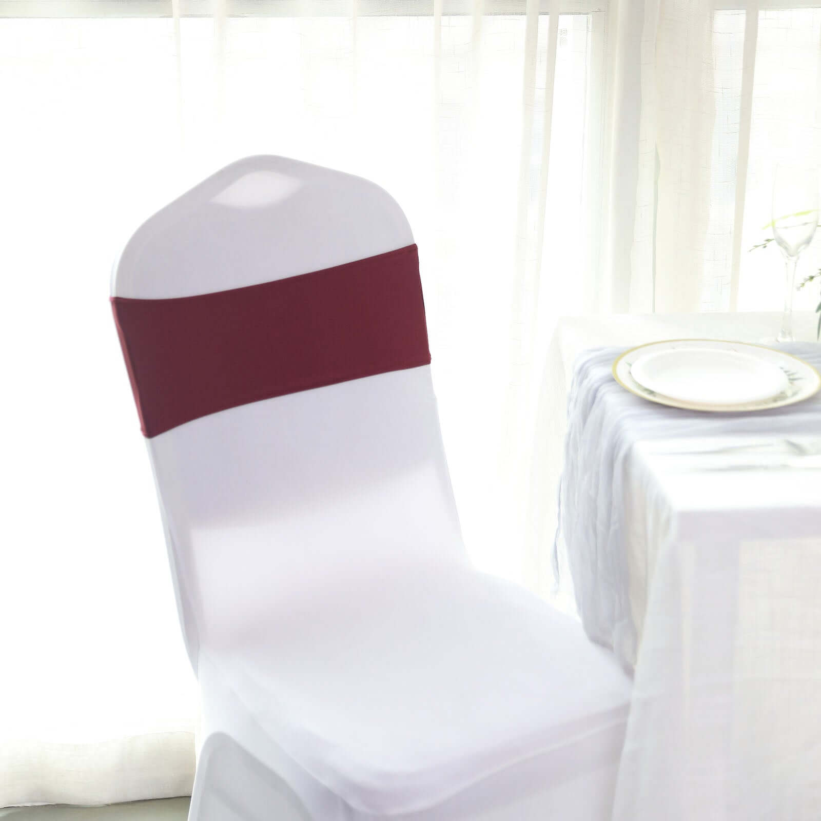 5 Pack Stretch Spandex Chair Sashes Burgundy - Reusable Chair Bands with Silver Diamond Ring Slide Buckle 5x14