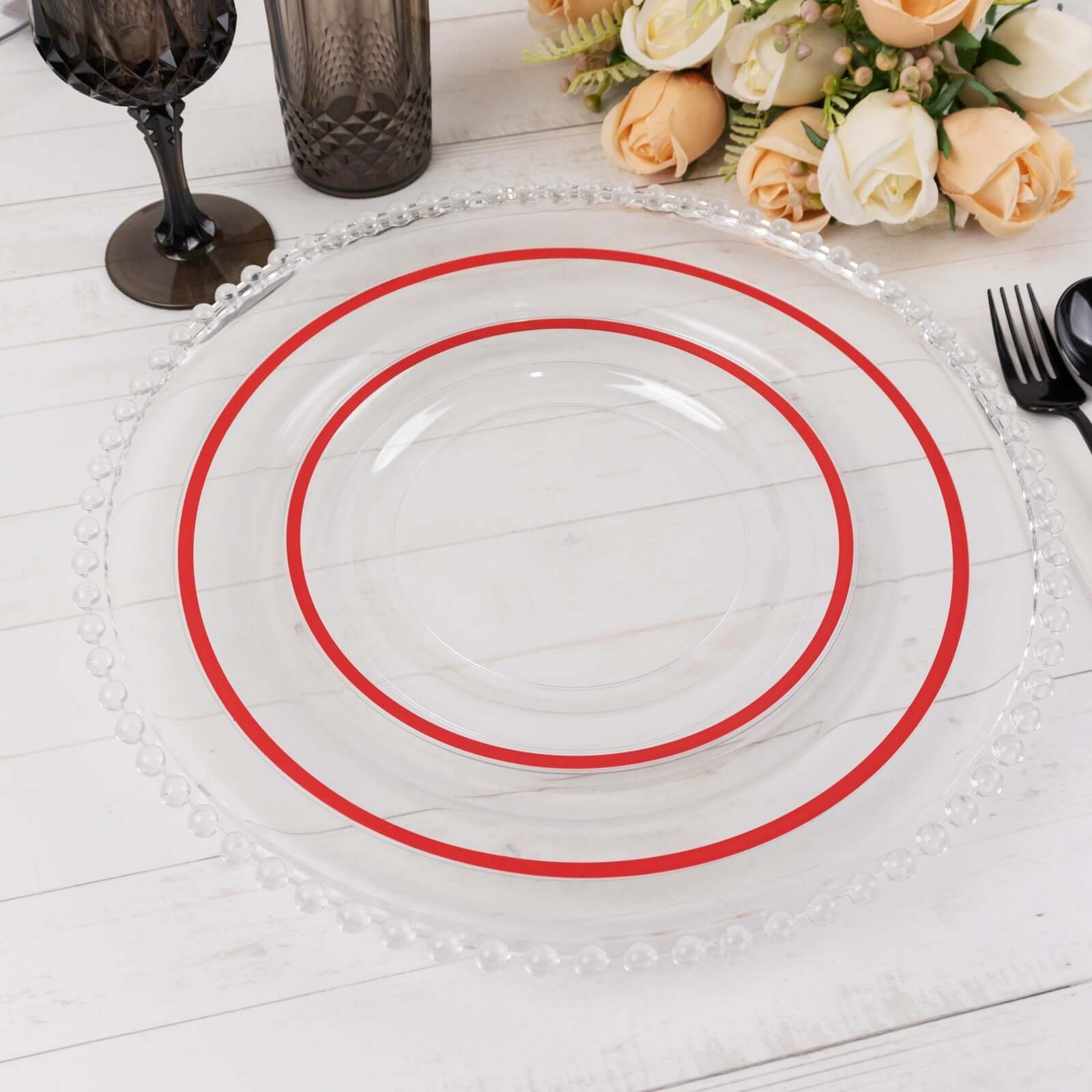 10-Pack Plastic 7 Round Appetizer Plates in Clear with Red Rim - Sleek Disposable Salad Plates for Banquets & Special Occasions