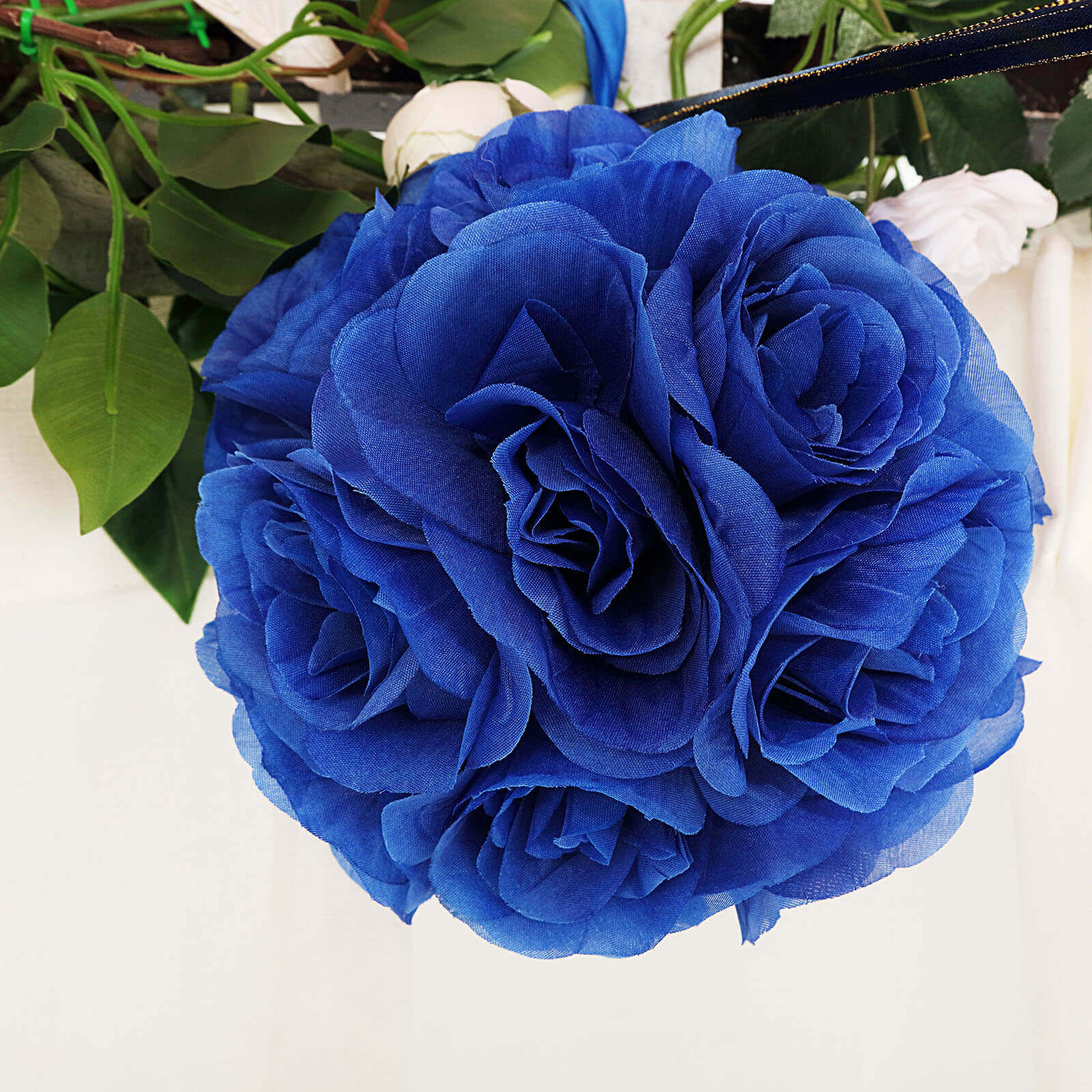 2 Pack 7 Royal Blue Artificial Silk Rose Kissing Ball, Faux Flower Ball