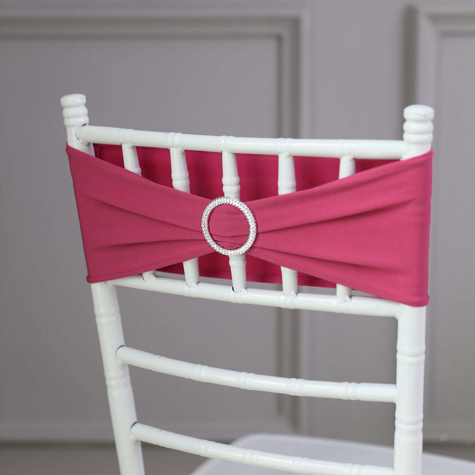 5 Pack Stretch Spandex Chair Sashes Fuchsia - Reusable Chair Bands with Silver Diamond Ring Slide Buckle 5x14