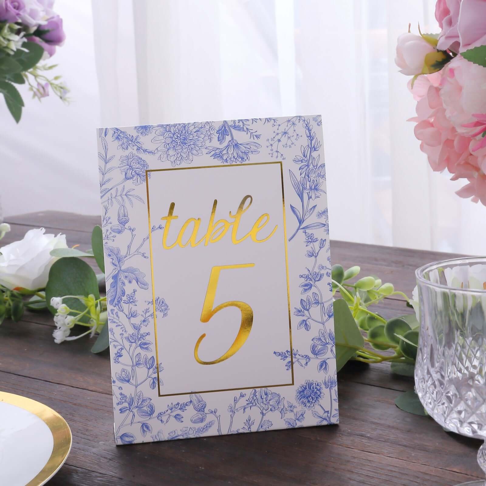 25-Pack Paper Wedding Table Numbers 1-25 White/Blue French Toile Design - Free Standing Double Sided Table Signs with Glam Gold Foil Numbers 7