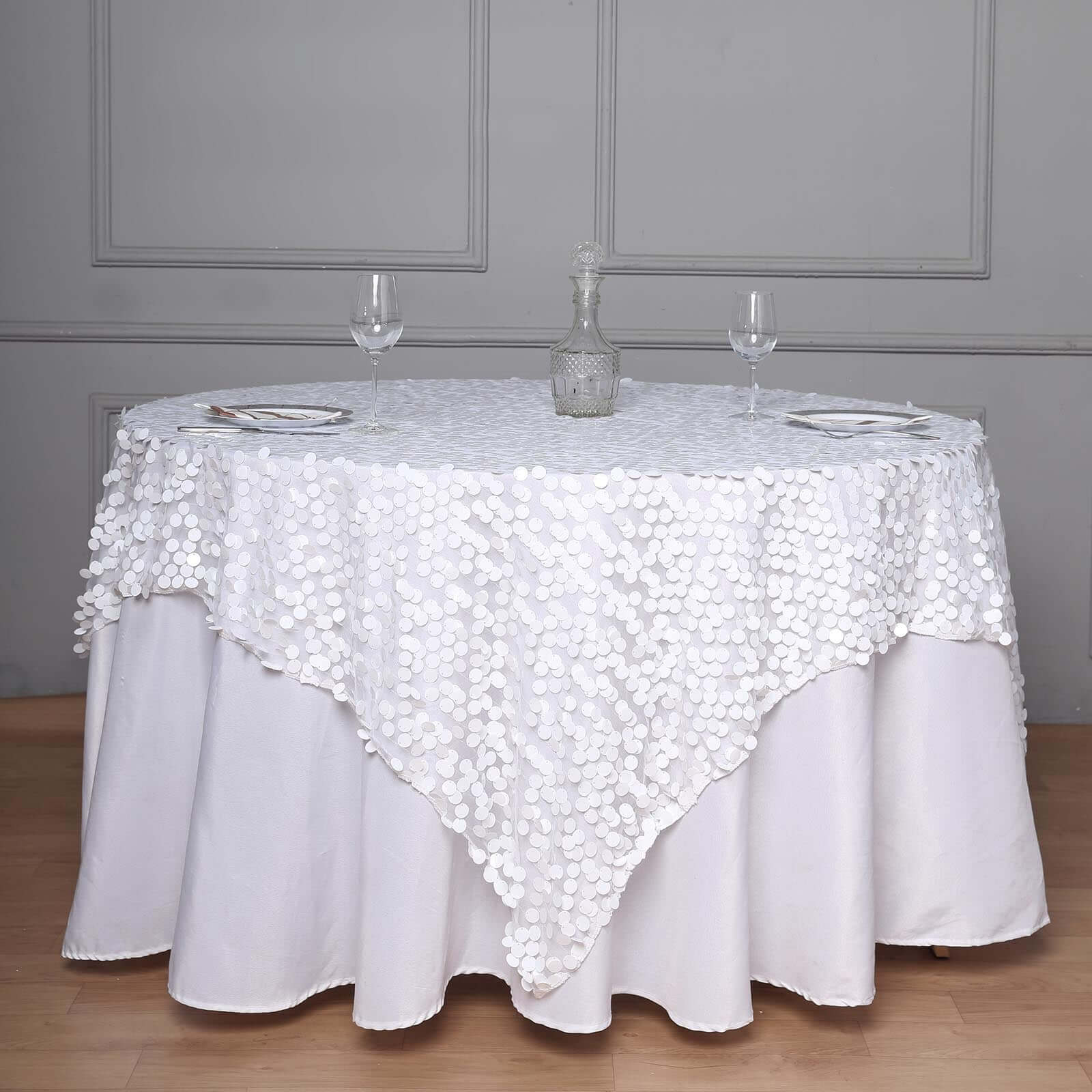 Sequin 72x72 Table Overlay Square Tablecloth White - Big Payette Design for Classy Celebrations