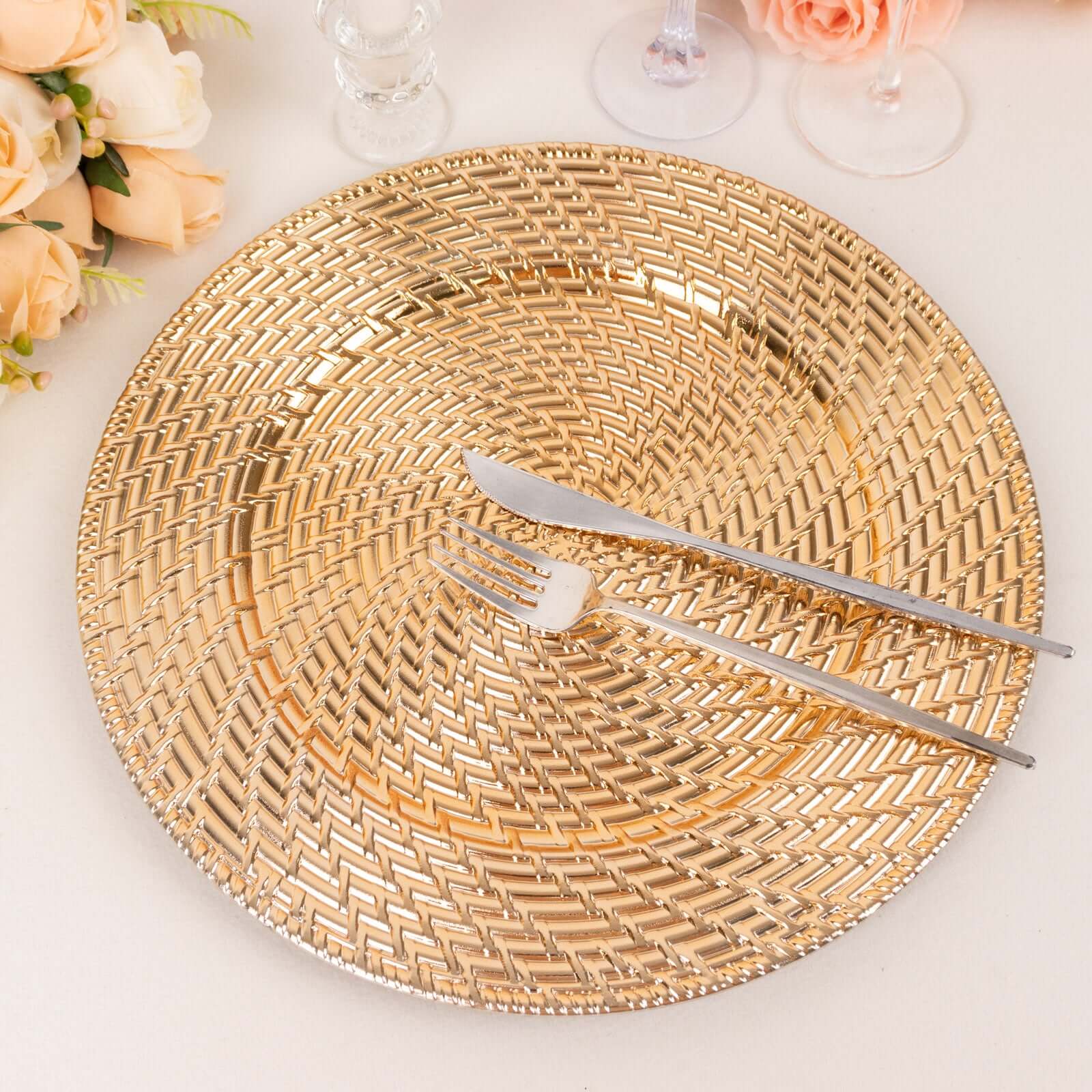 6-Pack Acrylic Round Charger Plates 13 in Metallic Gold with Swirl Rattan Pattern, Farmhouse Plastic Charger Tableware