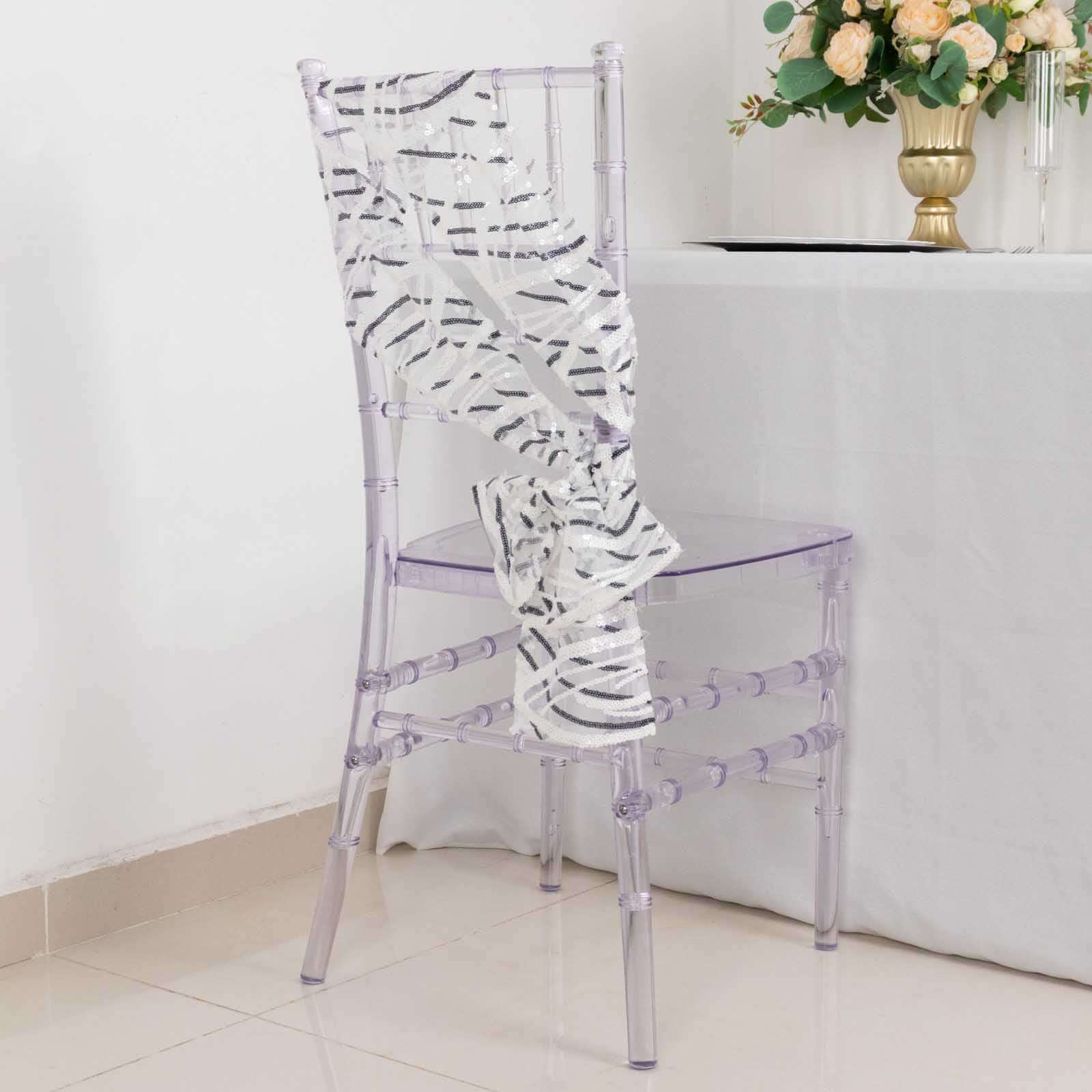 5 Pack Chair Sashes with Wave Embroidered Sequins White/Black 6x88 - Stylish Glittering Decor for Weddings