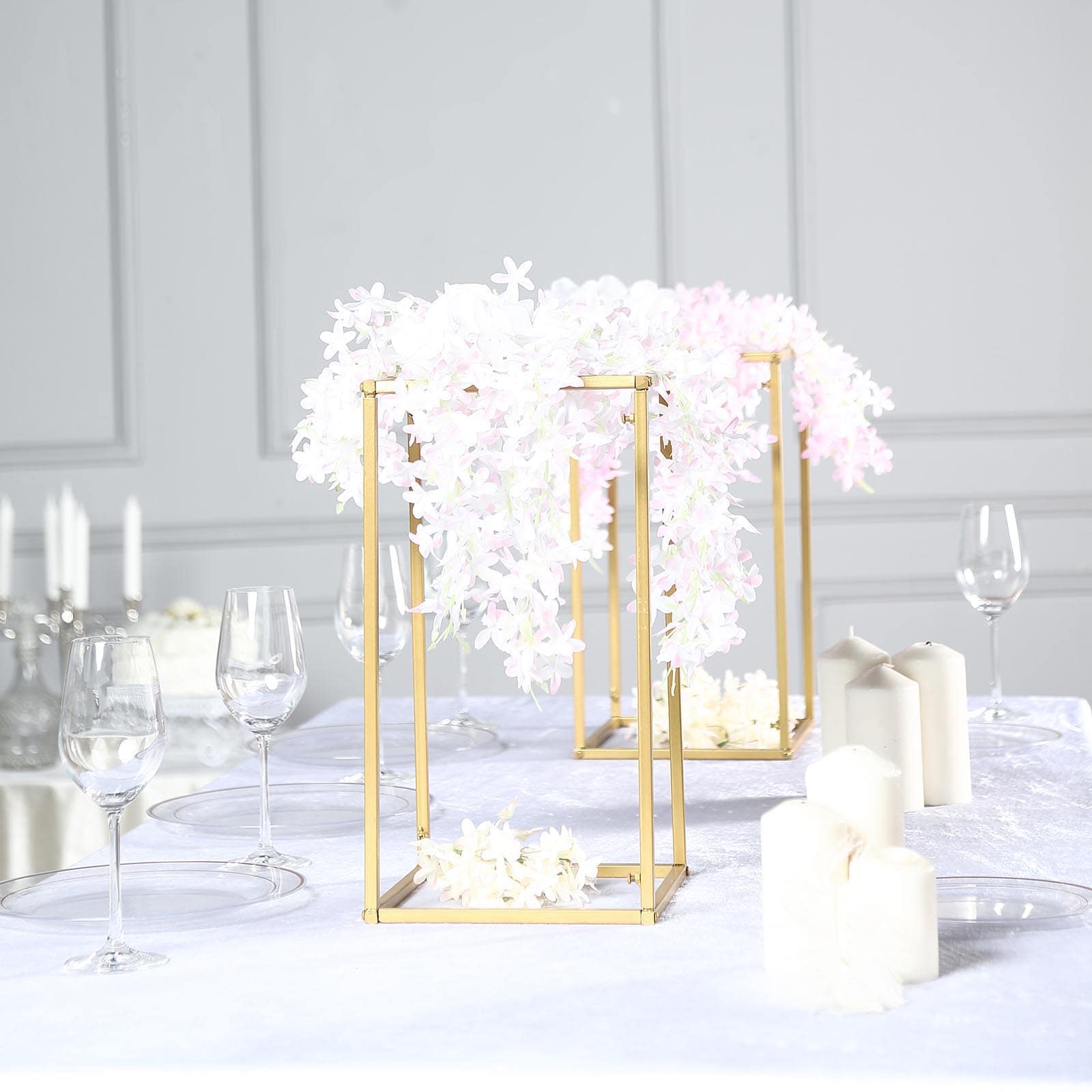 2-Pack Wedding Flower Stand Gold Metal Geometric Column Frame Rectangular - Versatile Floral Pedestal for Sophisticated Arrangements 16