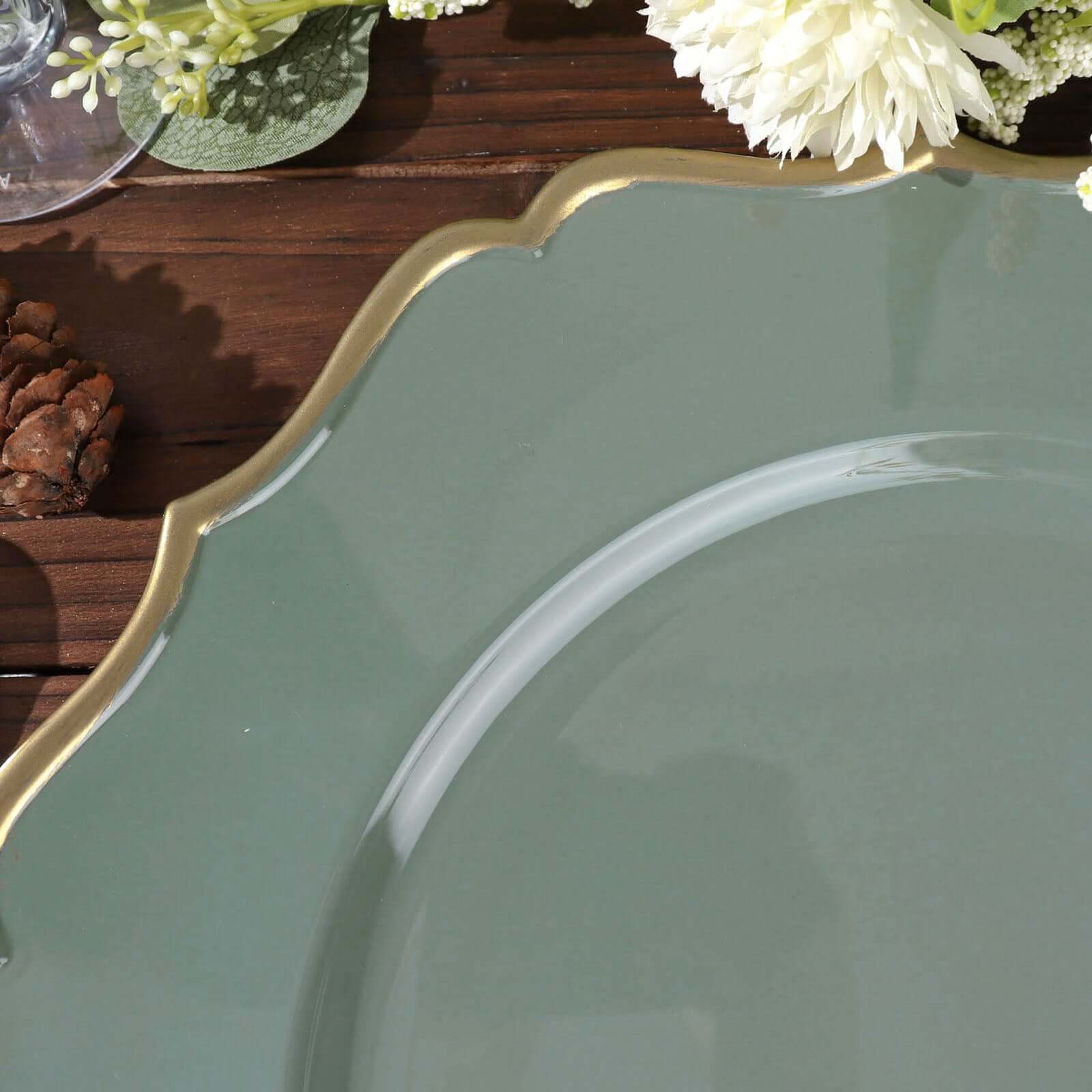 6-Pack Acrylic Round Charger Plates 13 in Olive Green with Gold Scalloped Rim, Decorative Dinner Party Plastic Charger Tableware