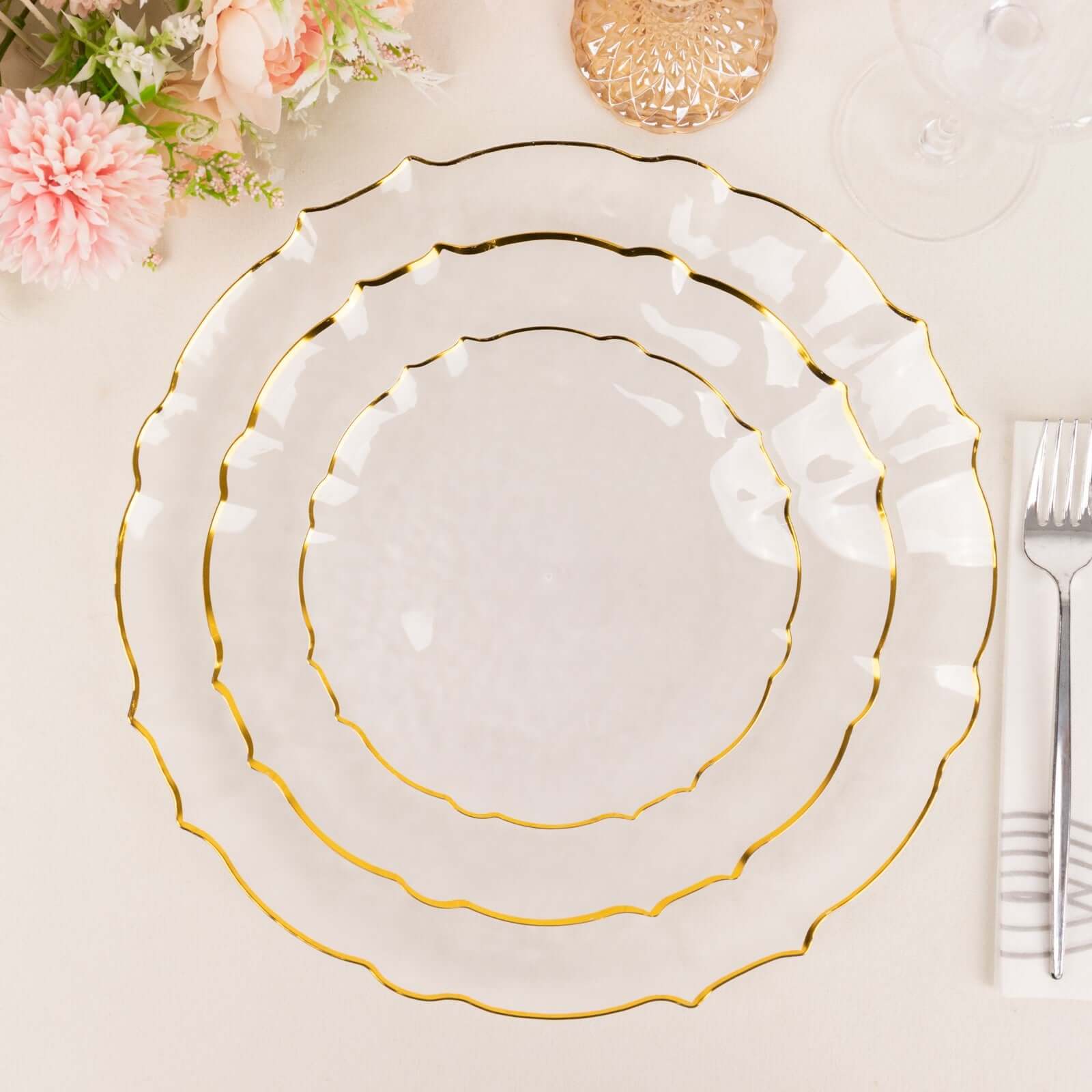 10-Pack Plastic 10 Round Dinner Plates in Clear Sunflower with Gold Scalloped Rim - Disposable Party Plates for Classy Events & Banquets