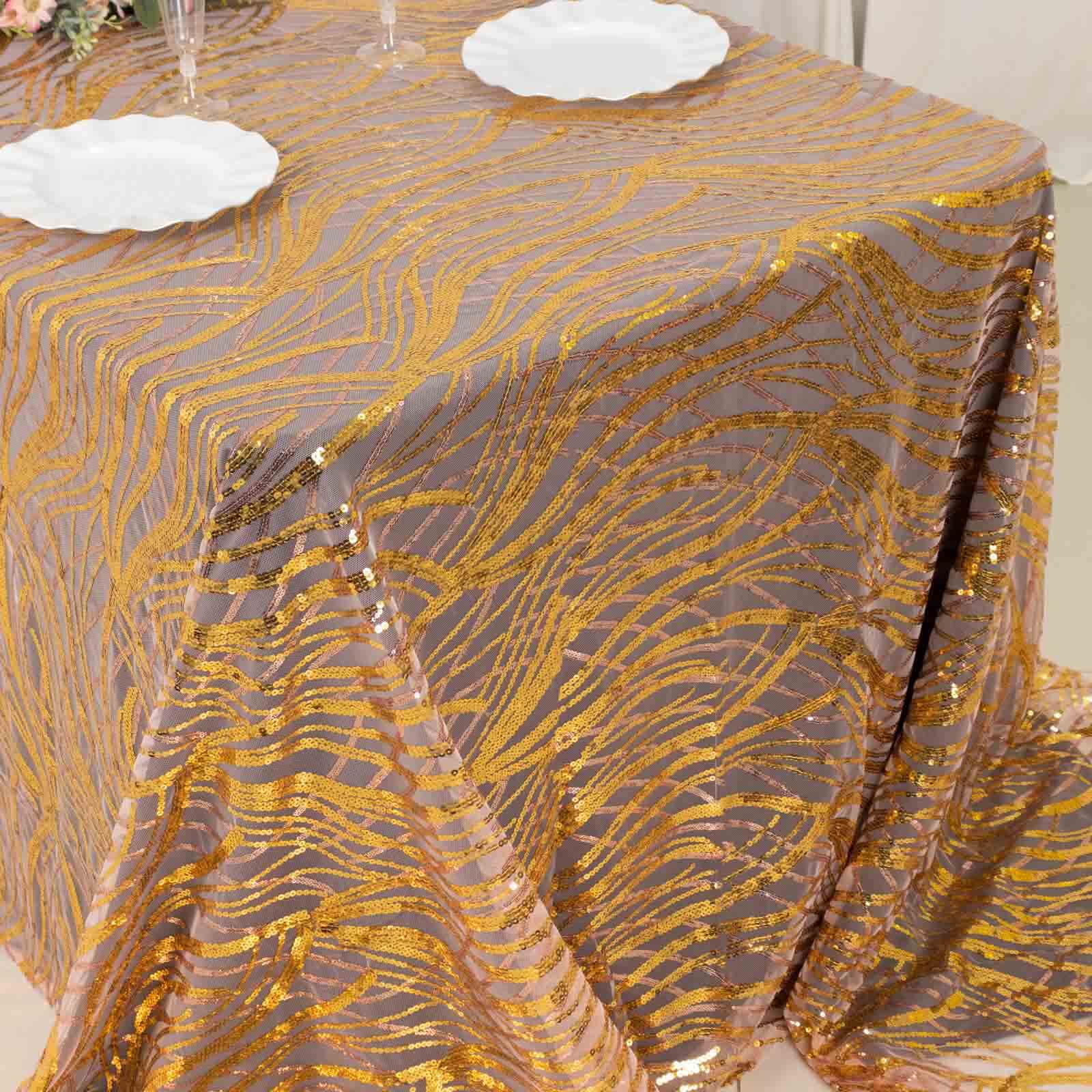 Mesh 90x156 Rectangle Tablecloth Rose Gold/Gold - Wave Sequin Embroidered Table Cover