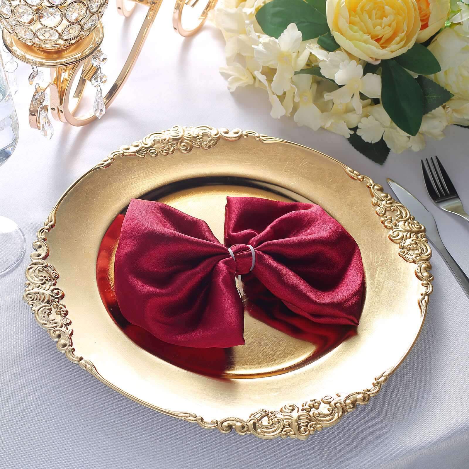 6-Pack Acrylic Round Charger Plates 13 in Gold with Embossed Baroque Rim, Antique Decorative Dinner Party Charger Tableware