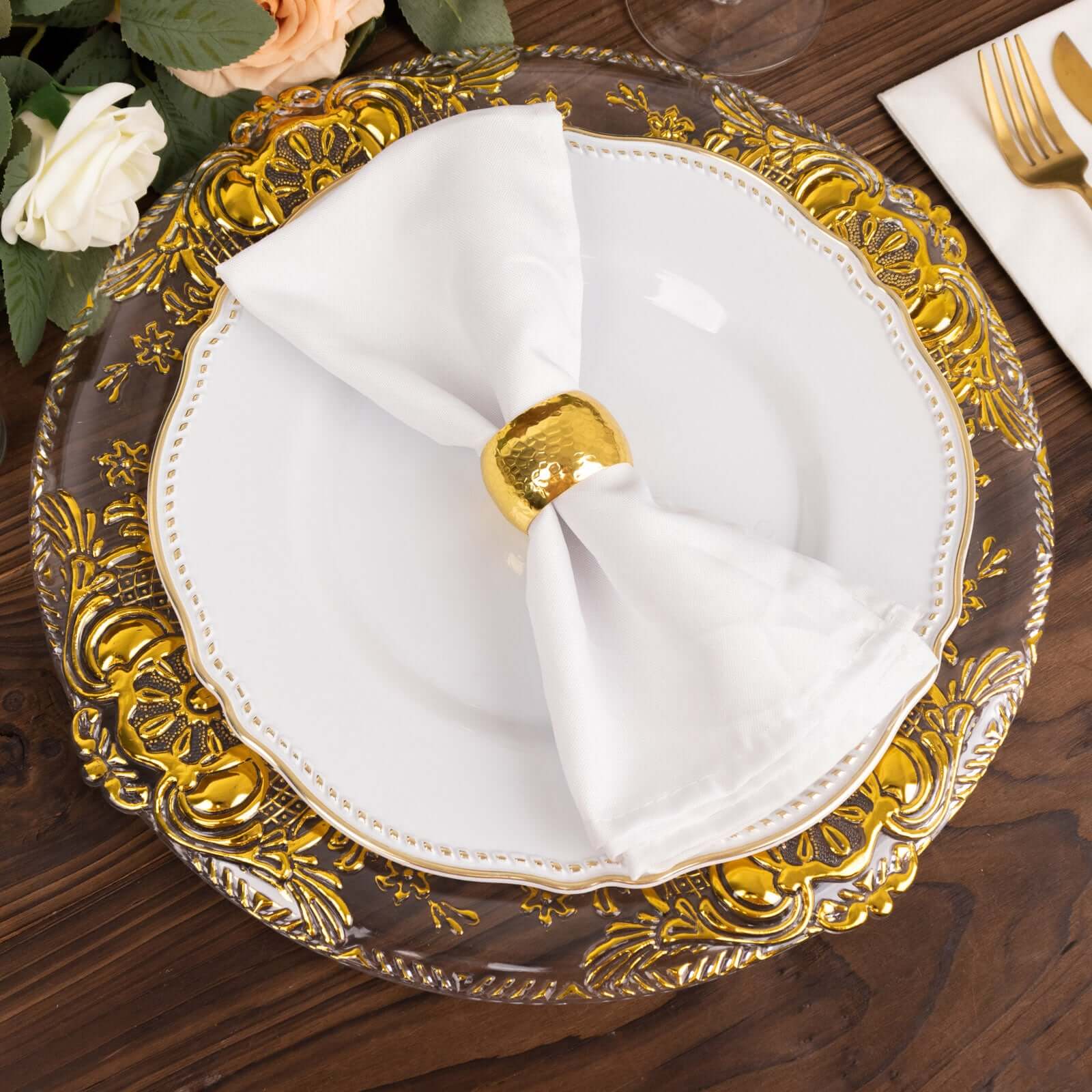 6-Pack Plastic Round Charger Plates 13 in Clear with Gold Florentine Embossed Rim, Exquisite Dinner Serving Plates