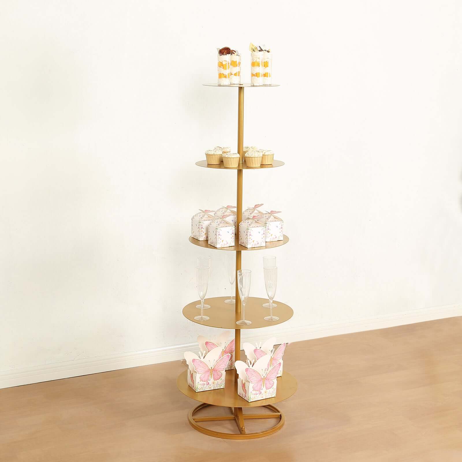 5 Tier Champagne Tower Stand Gold Metal Round Dessert Display Cupcake Holder - Sturdy Event Centerpiece 4.5ft Tall