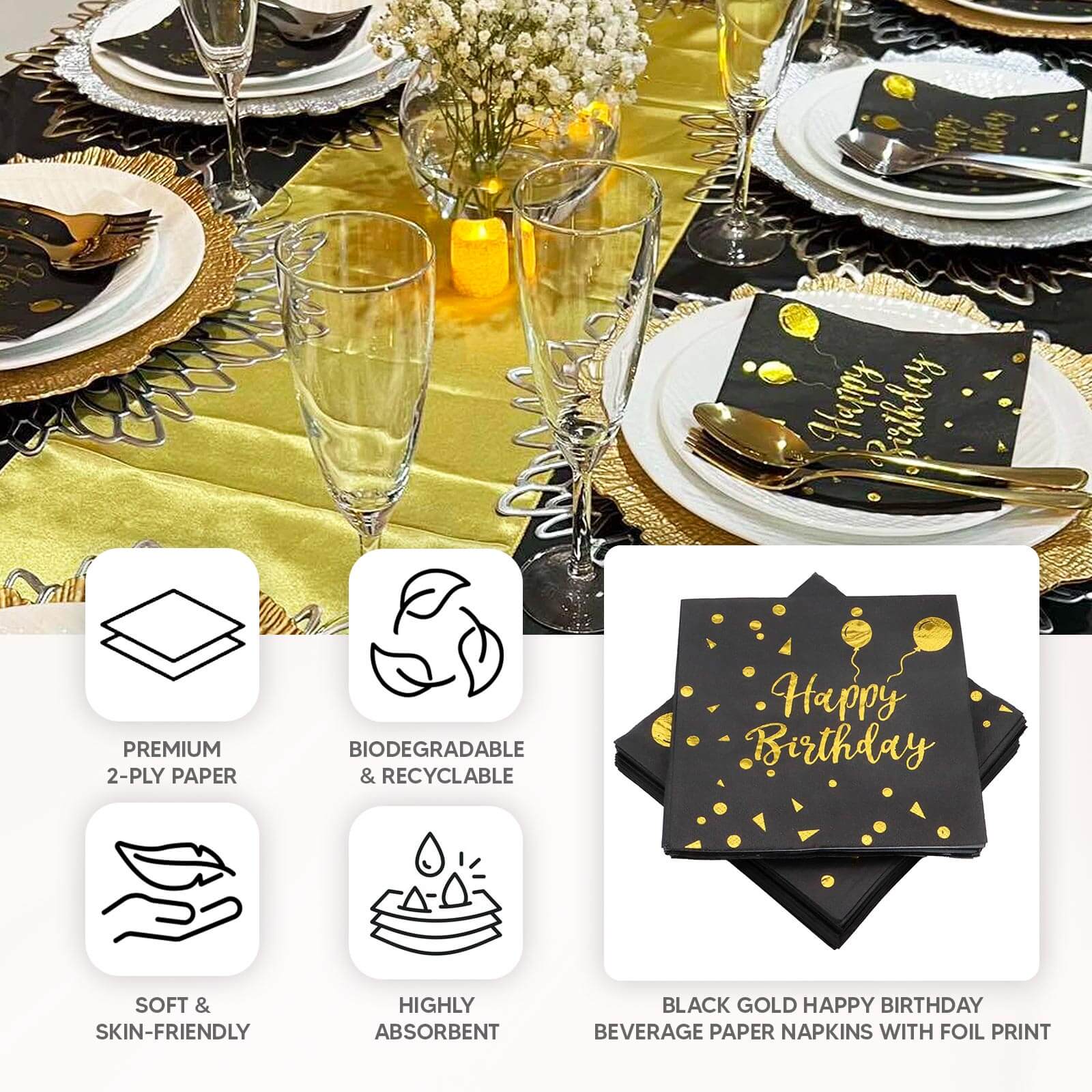20-Pack Paper Beverage Napkins with Happy Birthday Foil Print Black/Gold - 2 Ply Disposable 18GSM Soft Party Napkins 6.5x6.5