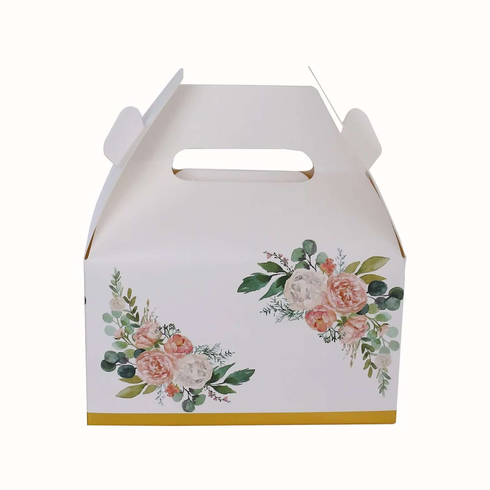 25 Pack White Pink Peony Flowers Print Candy Gift Tote Gable Boxes with Gold Edge, Party Favor Treat Boxes - 6x3.5x7