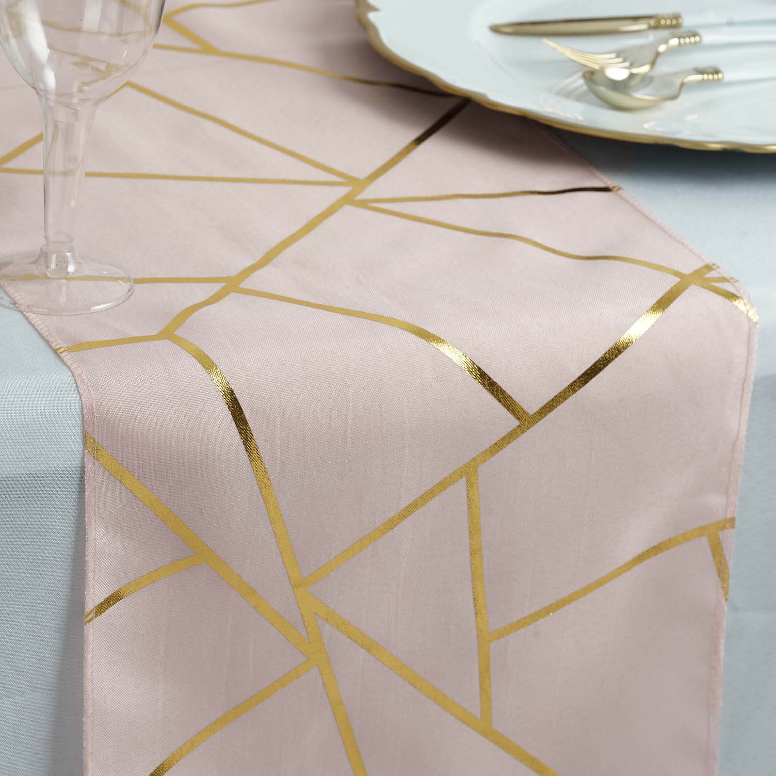 Polyester 9ft Table Runner Blush with Gold Foil Modern Geometric Accent