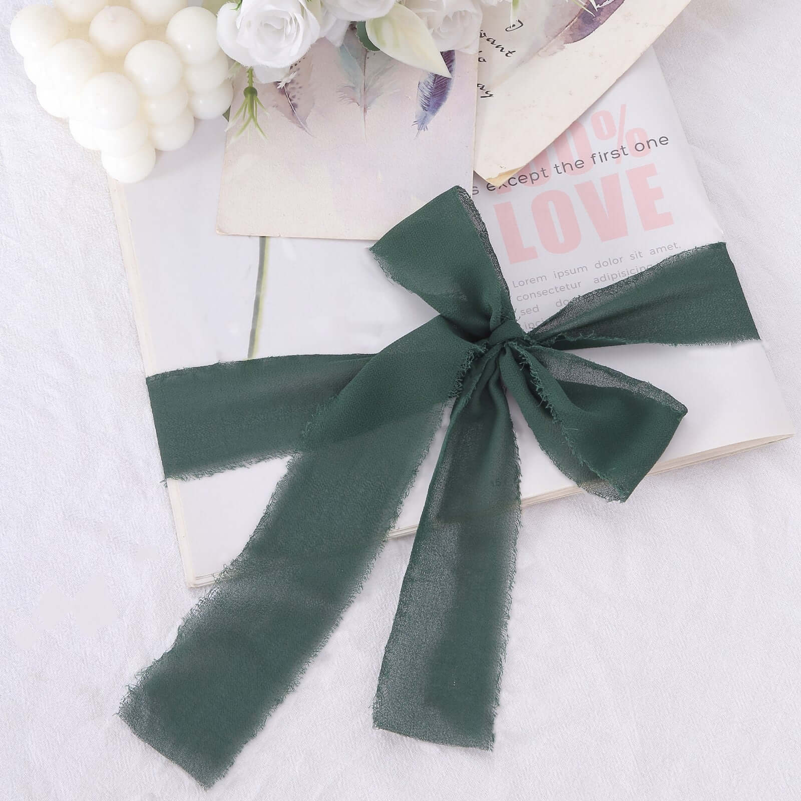 2 Pack 6yds Hunter Emerald Green Silk-Like Chiffon Ribbon Roll, DIY Wedding Bouquet Linen Wrap