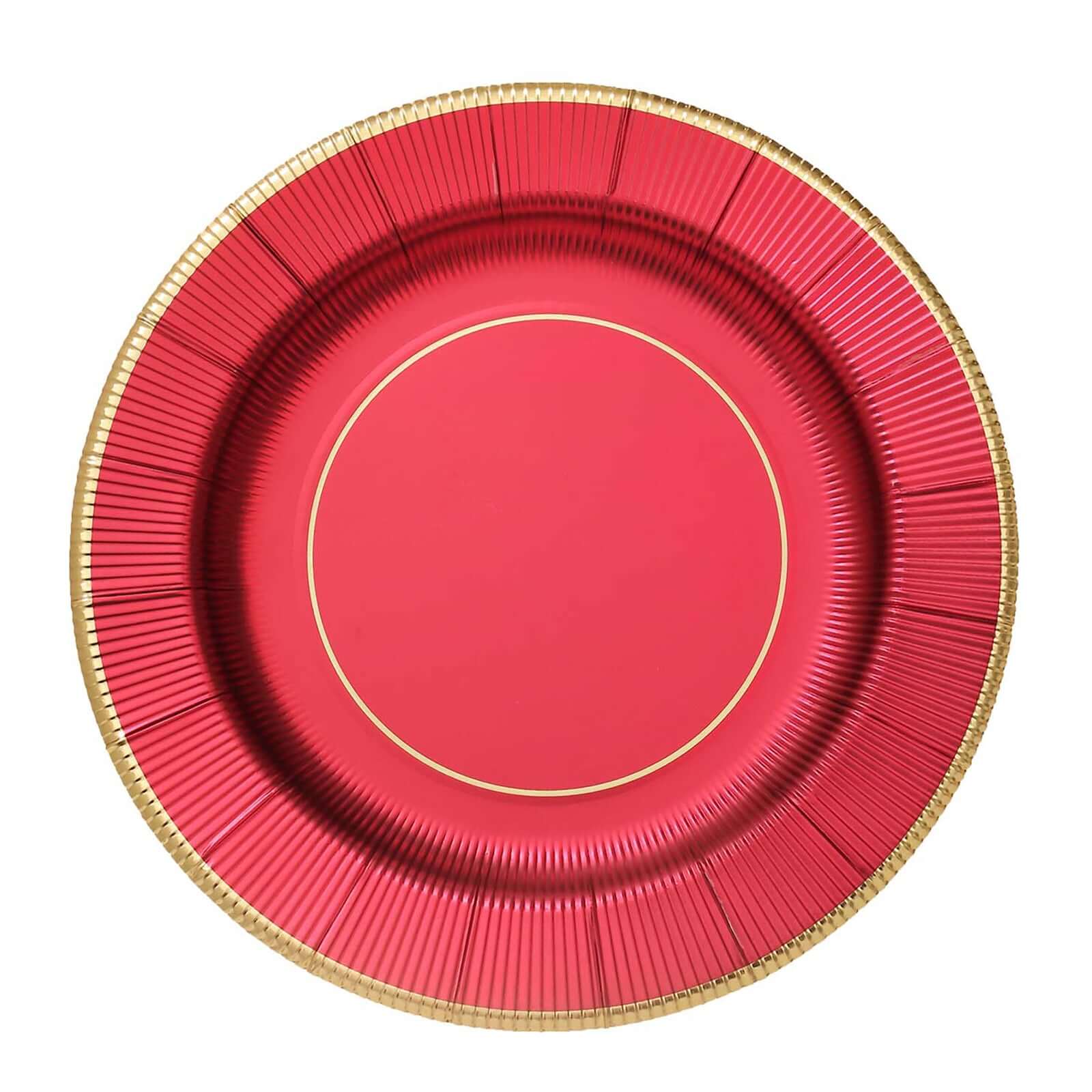 25-Pack Disposable Round Charger Plates in Burgundy Sunray Design with Gold Rim - 350GSM Heavy Duty Paper Chargers 13