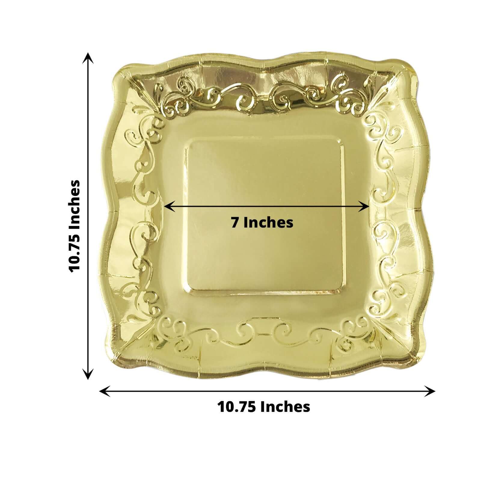 25-Pack Paper 11 Square Dinner Plates in Gold with Vintage Pottery Embossed Design - Shiny Metallic Disposable Serving Plates for Glamorous Dinners & Events