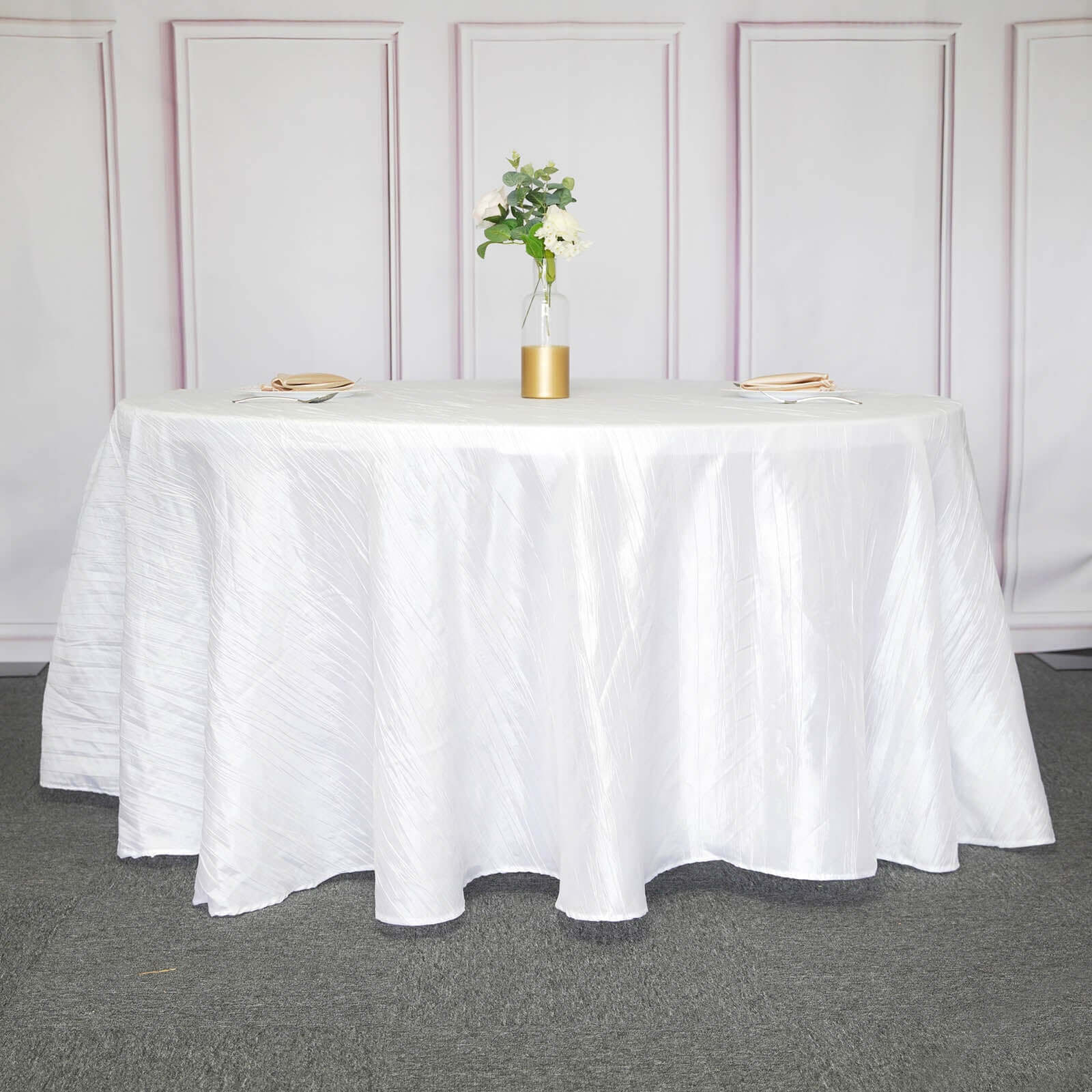 Taffeta 120 Round Tablecloth White - Seamless Accordion Crinkle Design for Stylish Occasions