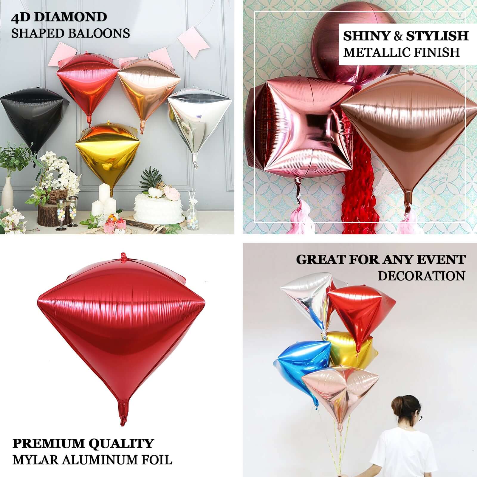 3 Pack 16 Shiny Gold 4D Diamond Self-Sealing Reusable Foil Balloon